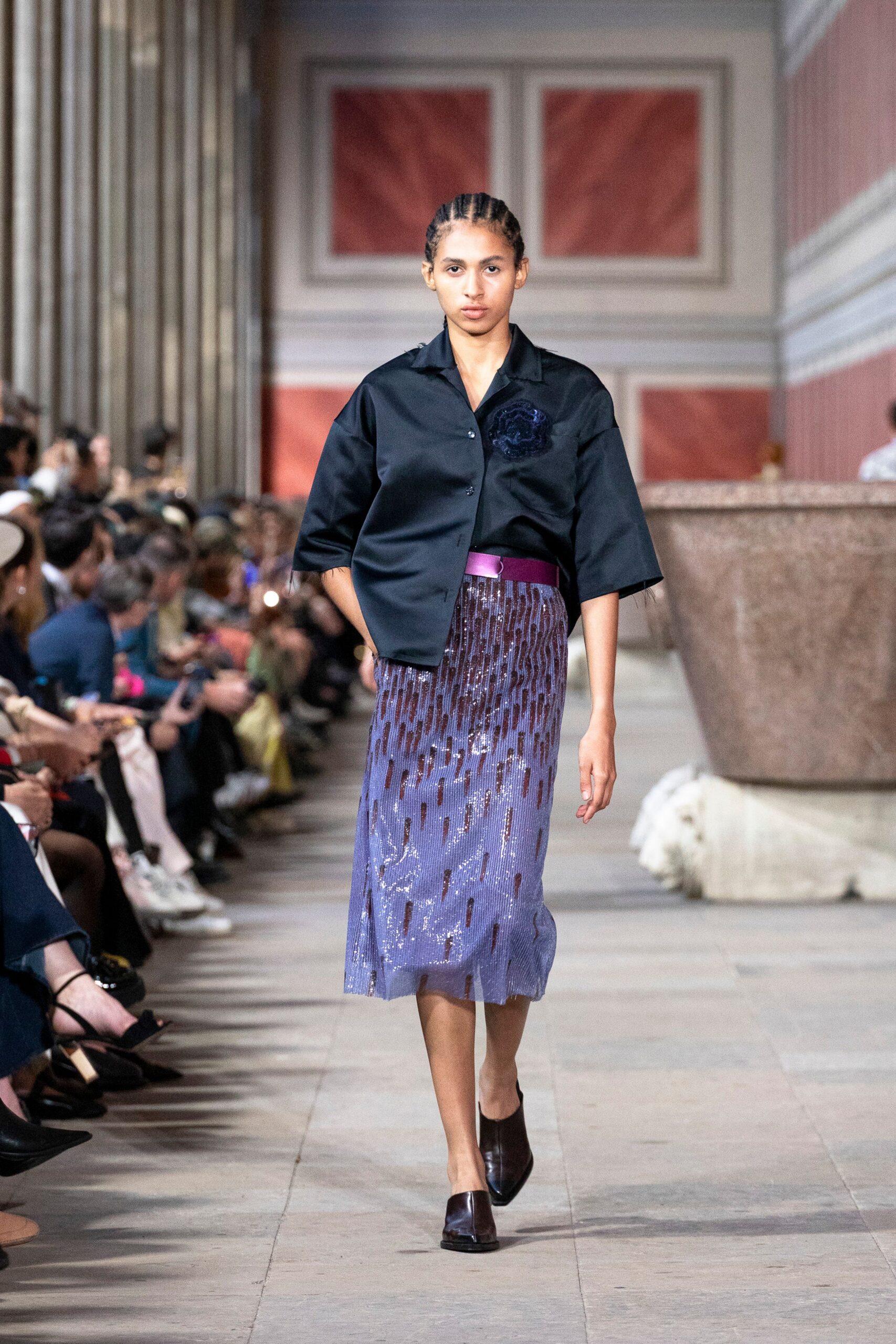 purple silk fitted pleated shiny skirt