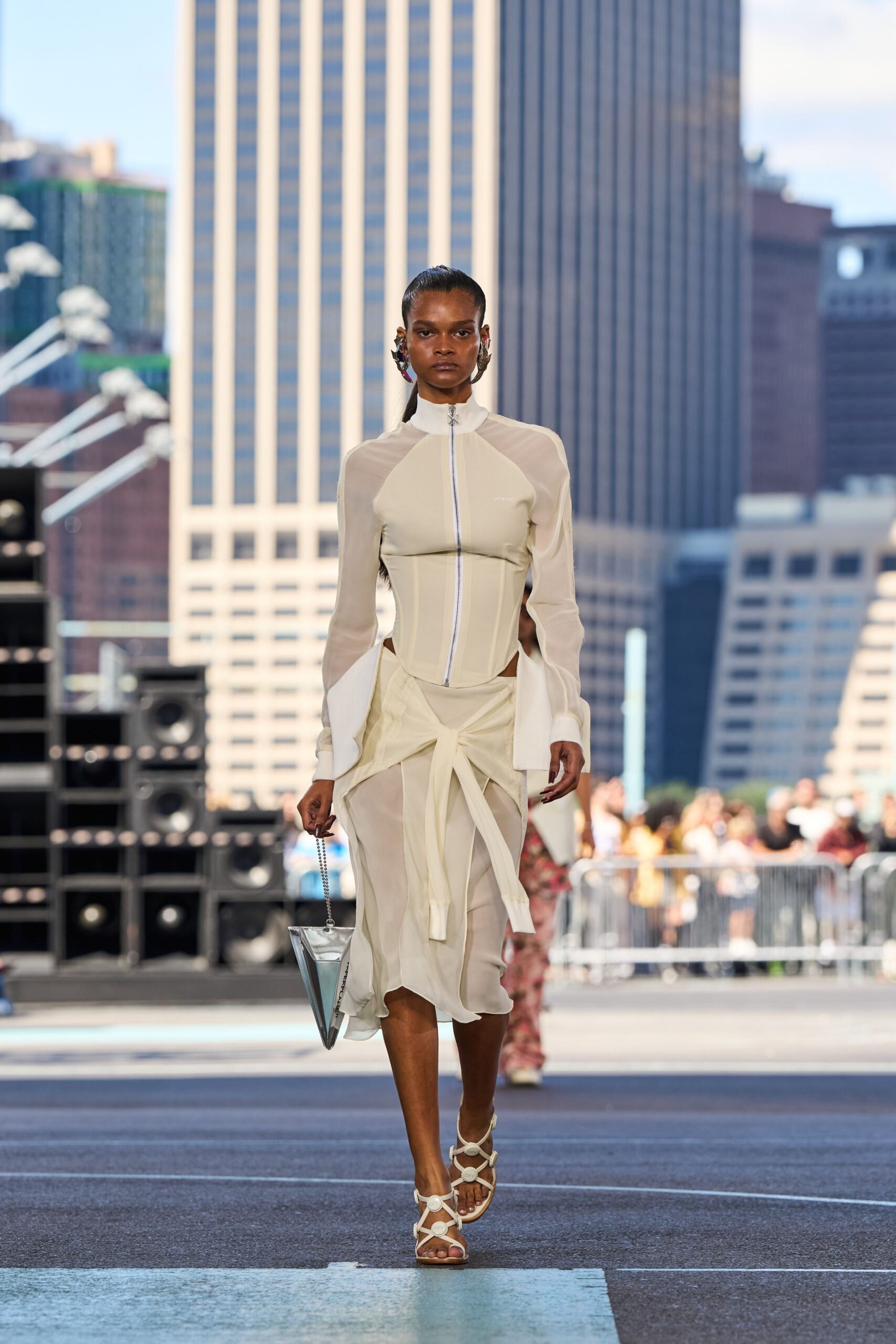 beige silk long-sleeve collared fitted zippered draped dress