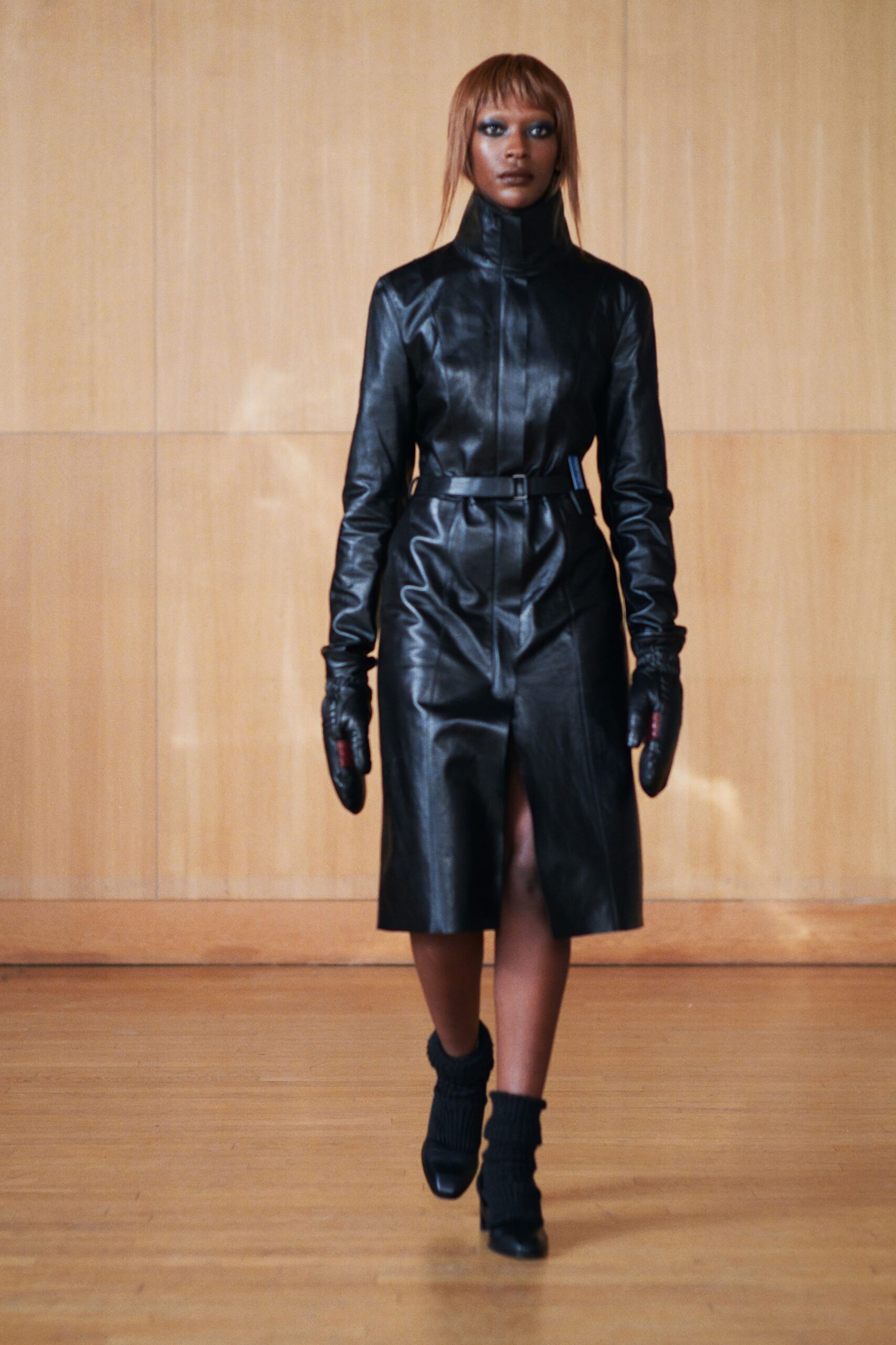 black leather long-sleeve collared fitted belted midi dress