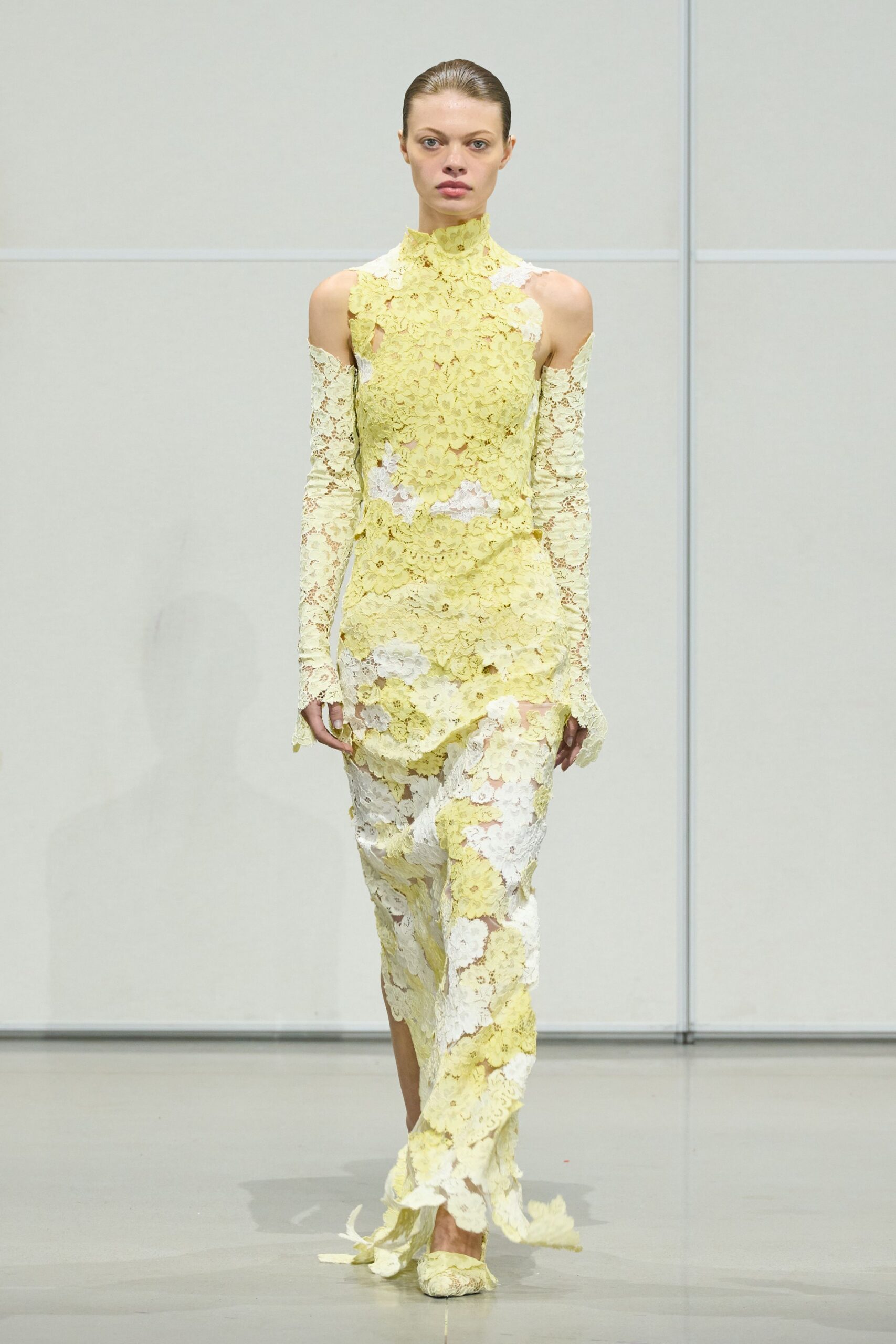 yellow lace long-sleeve high-neck fitted floral gown