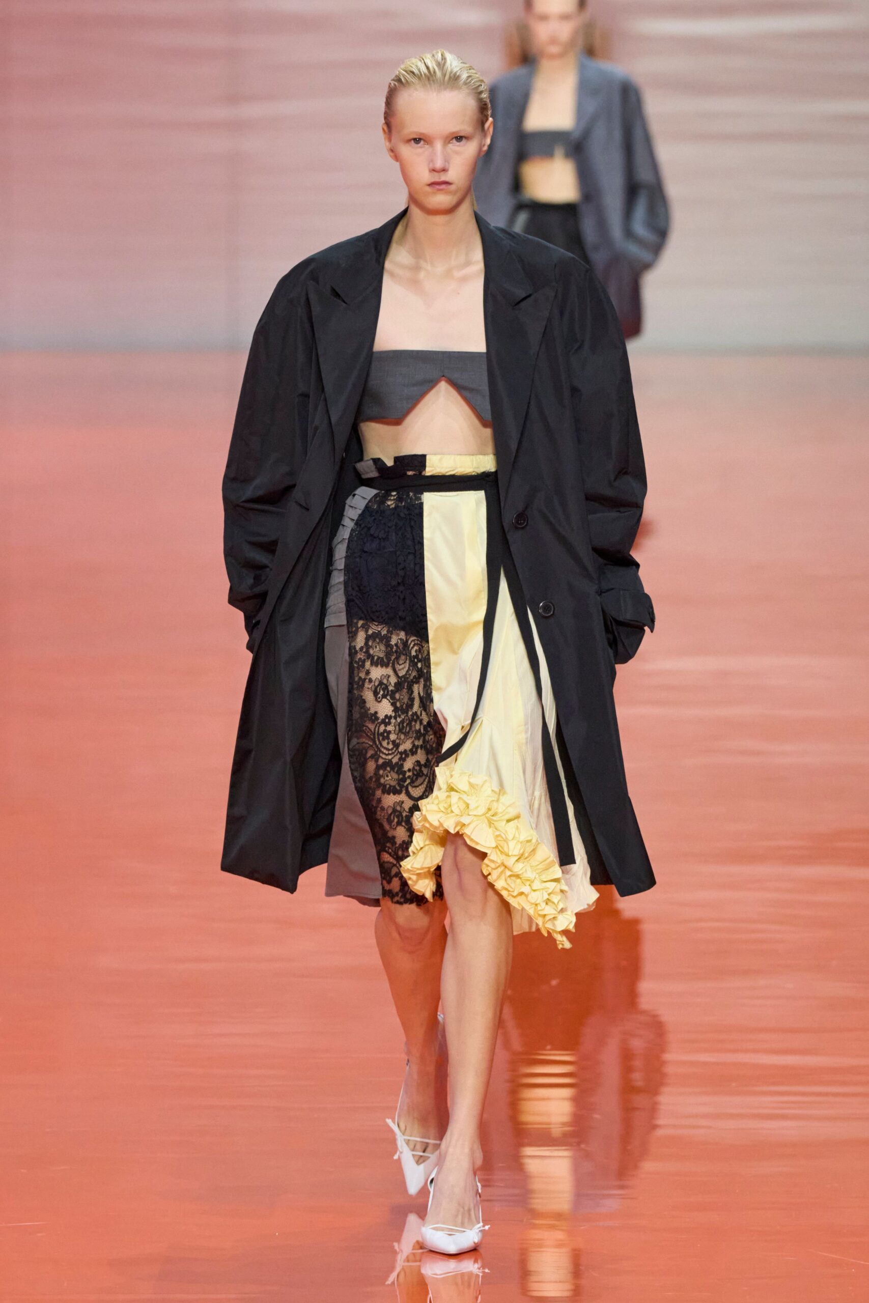 yellow silk fitted pleated ruffled skirt