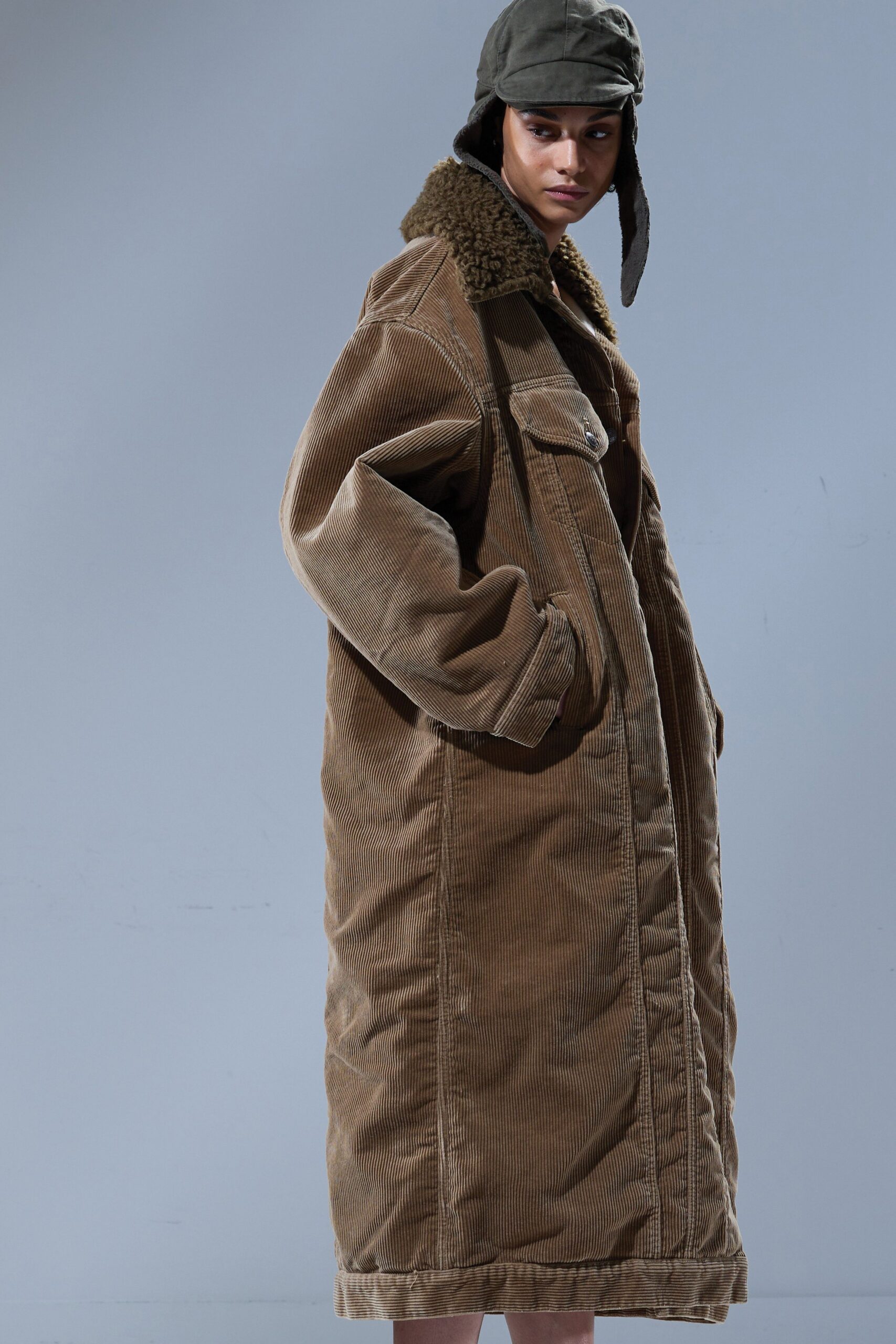 brown long-sleeve collared oversized maxi coat