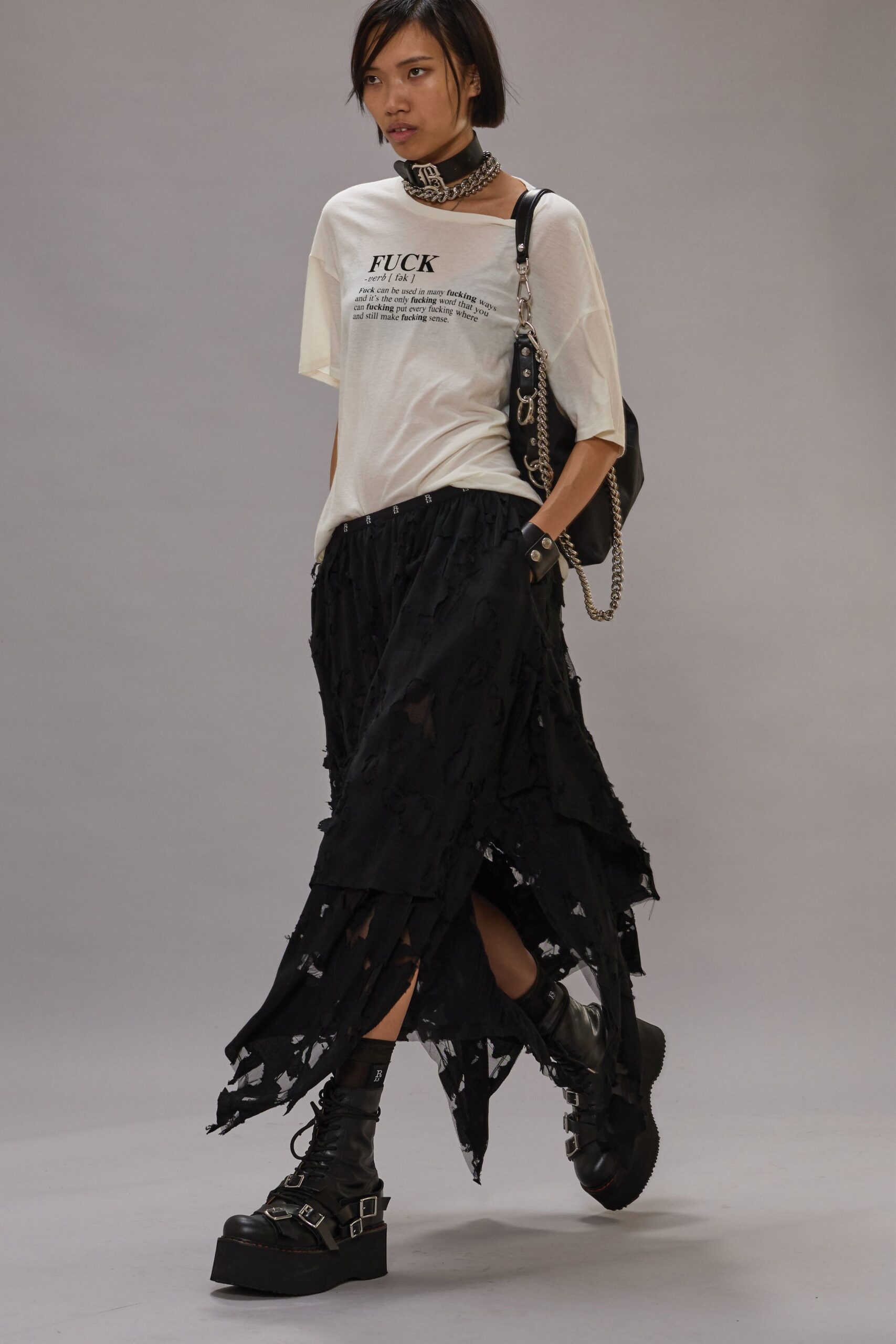 white printed t-shirt with black layered skirt