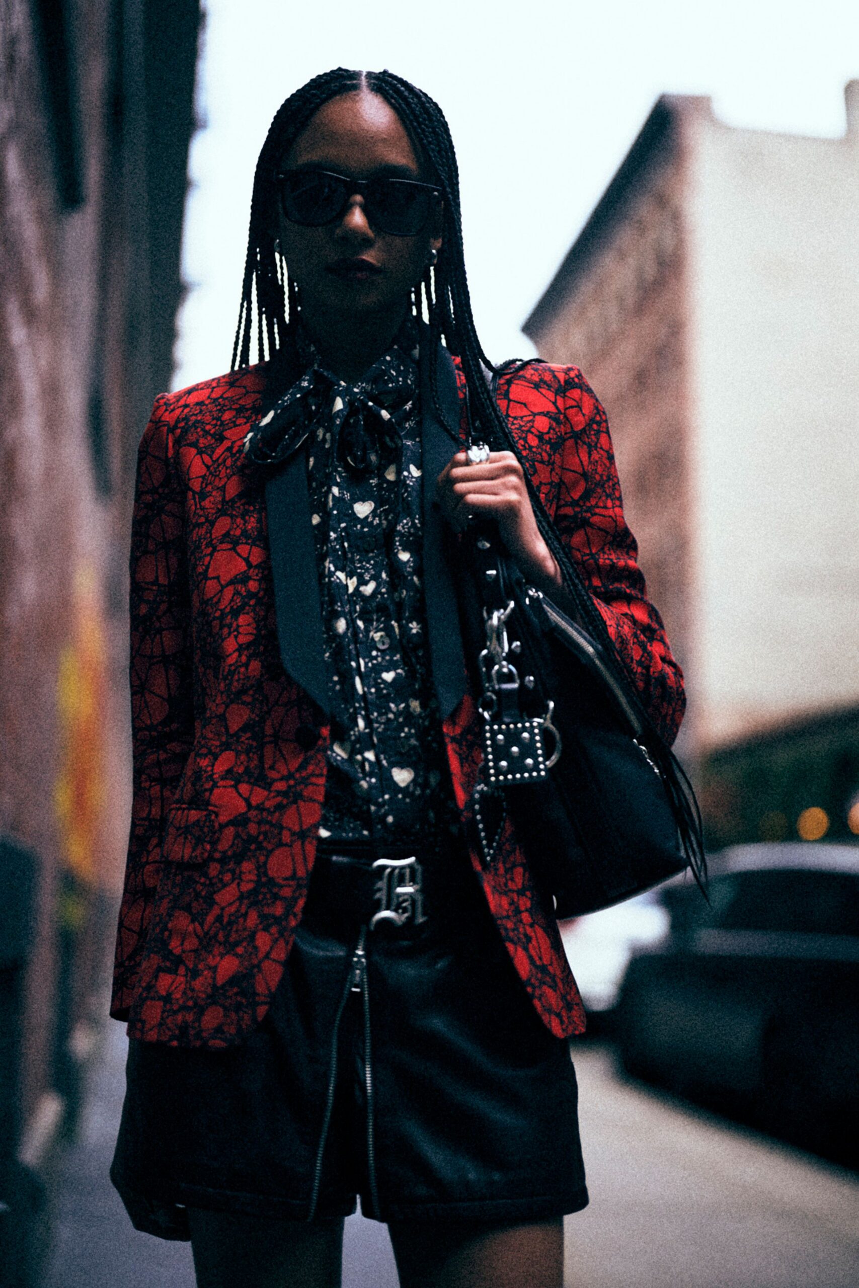 red cotton long-sleeve collared tailored printed blazer
