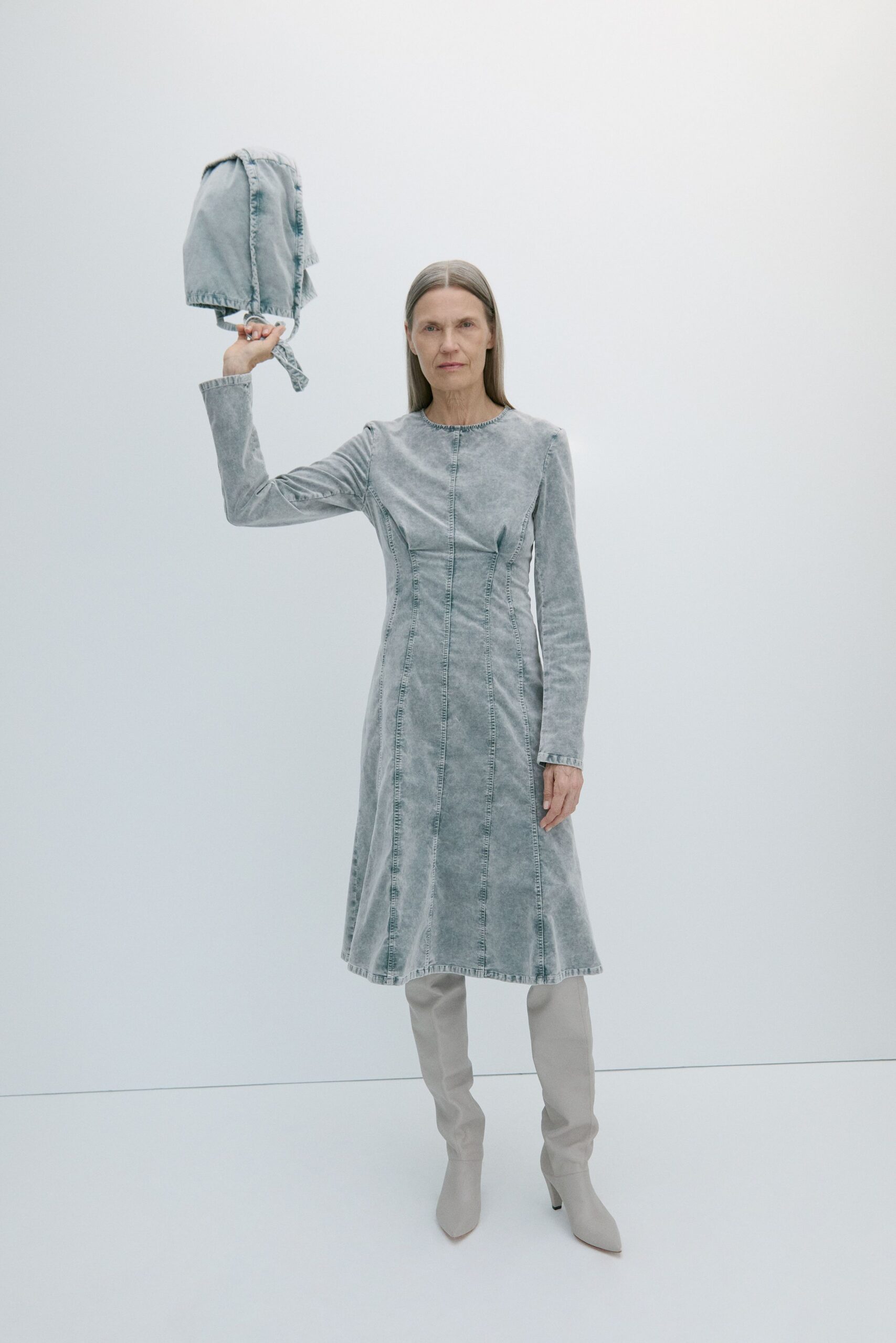 gray denim long-sleeve collared fitted pleated midi dress