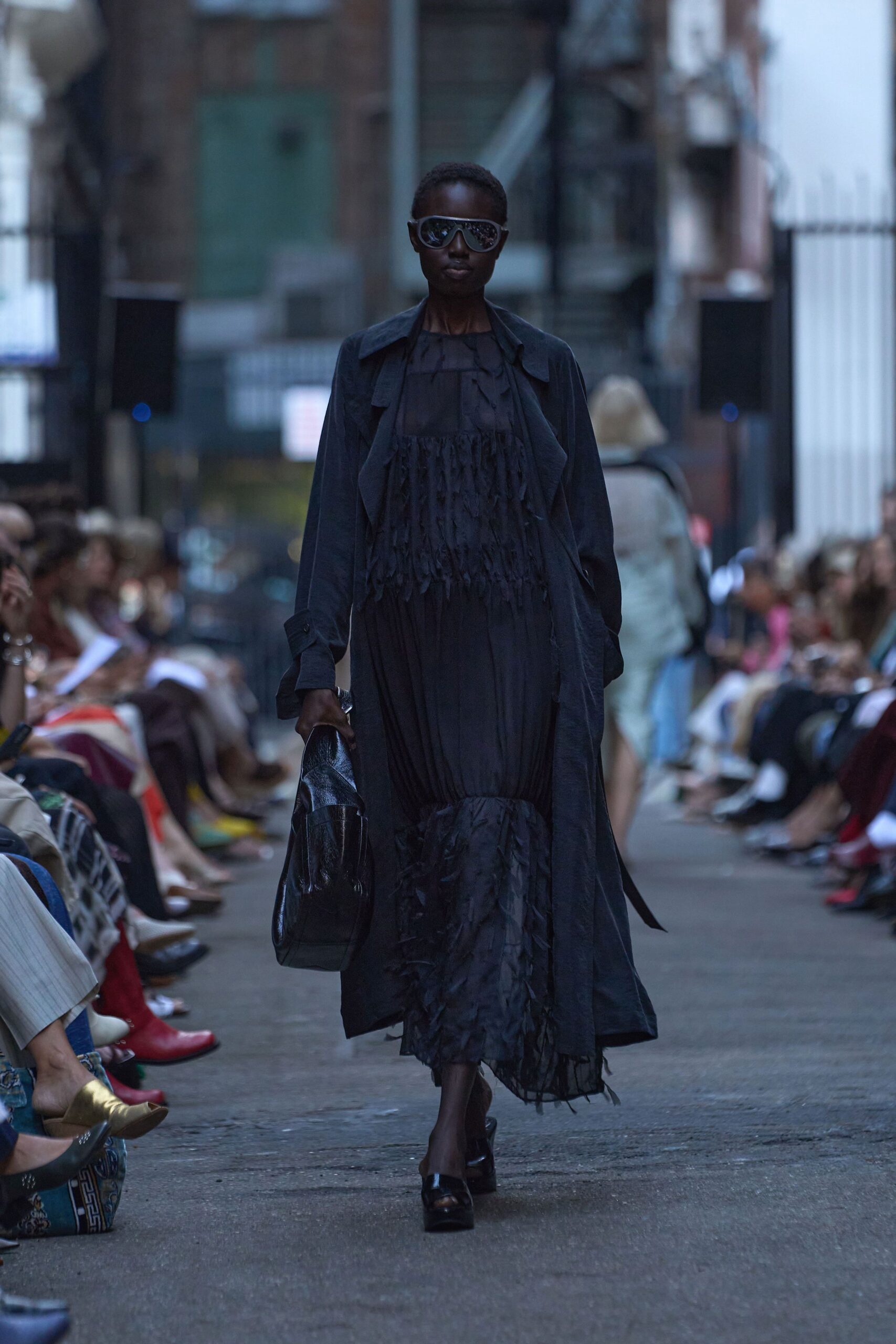 black silk long-sleeve v-neck relaxed ruffled layered dress