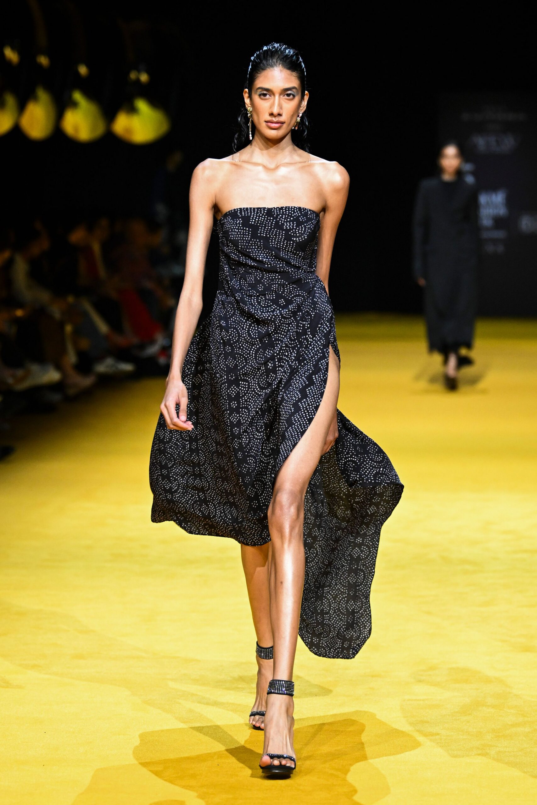 black silk strapless gown