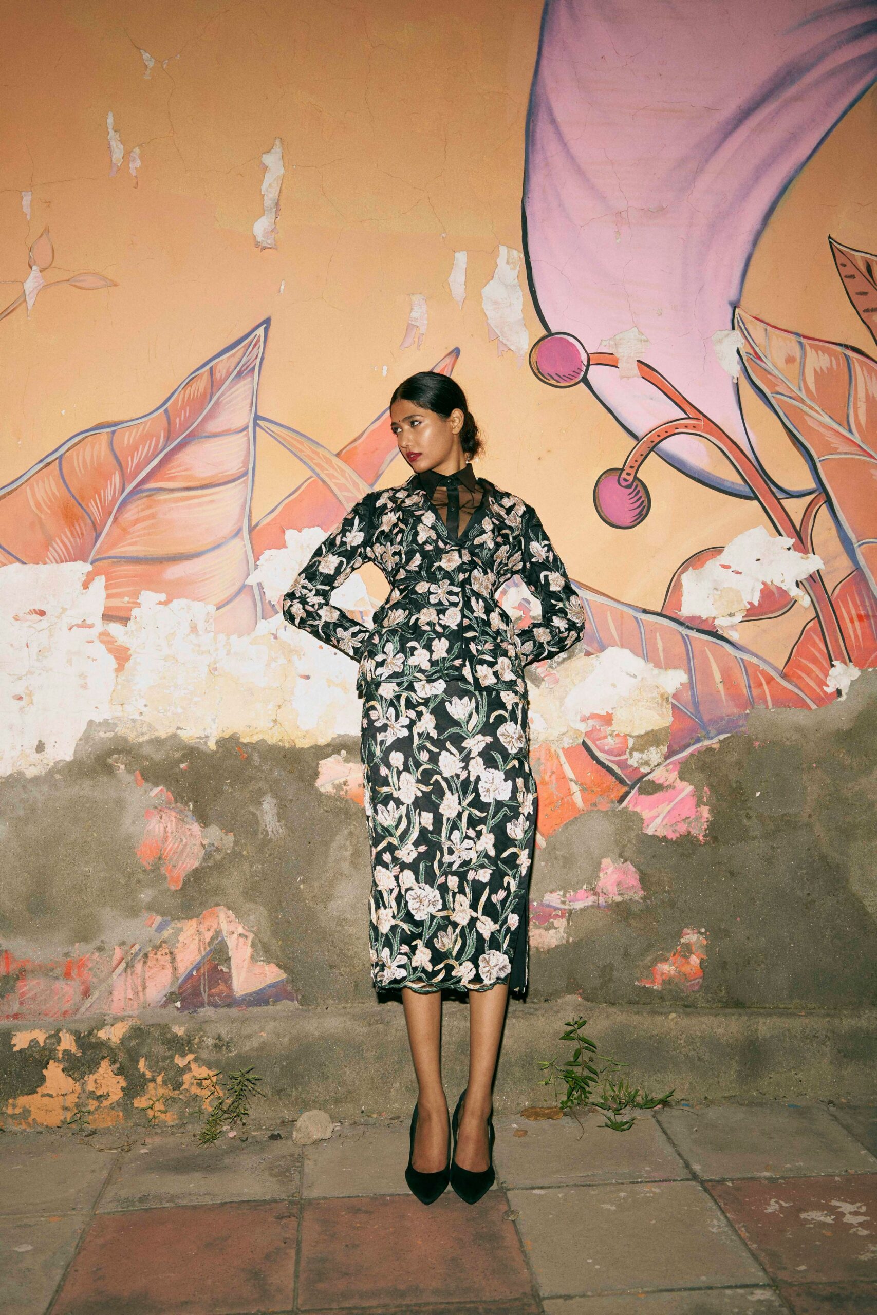 black floral embroidered midi dress