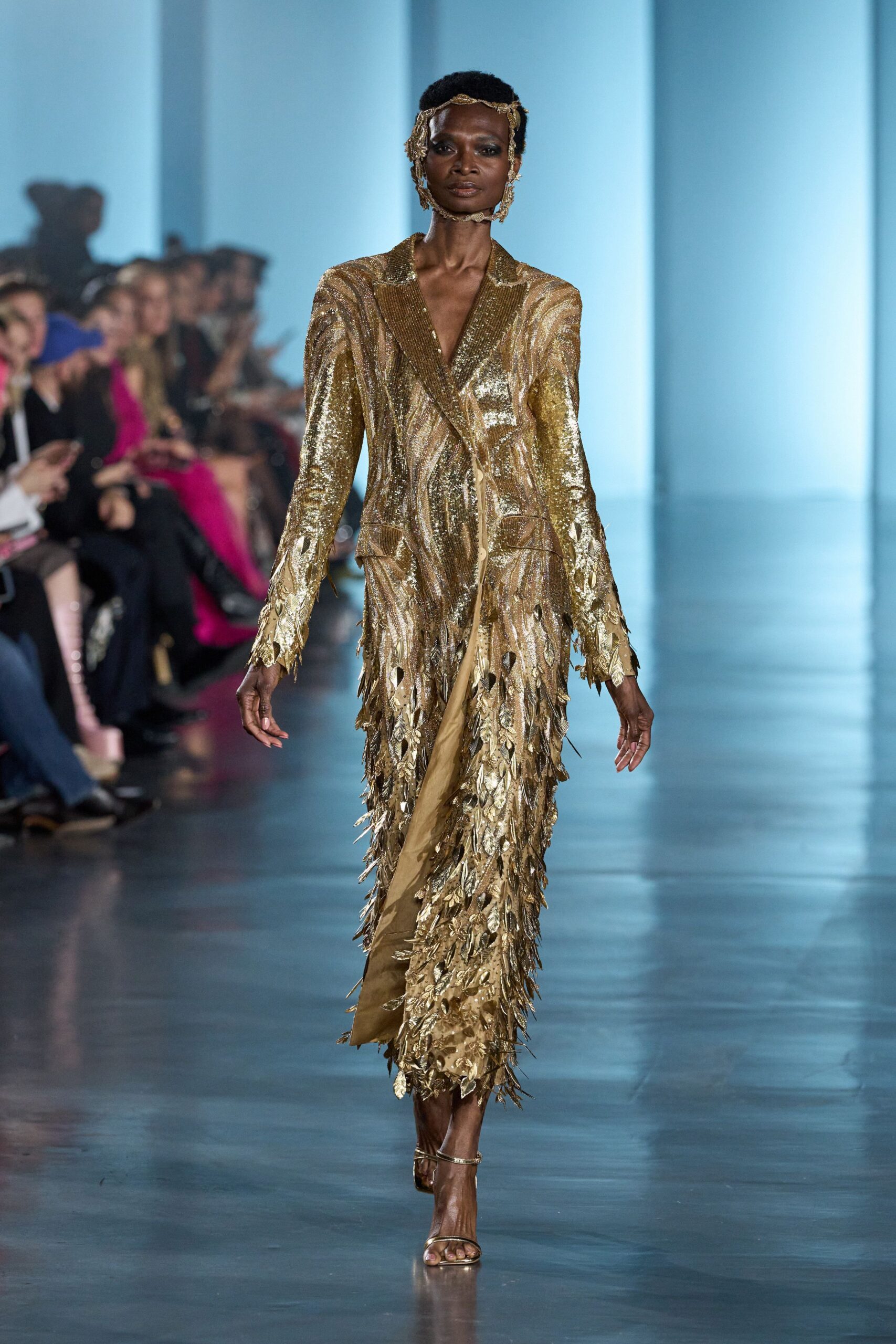 gold fringed beaded gown