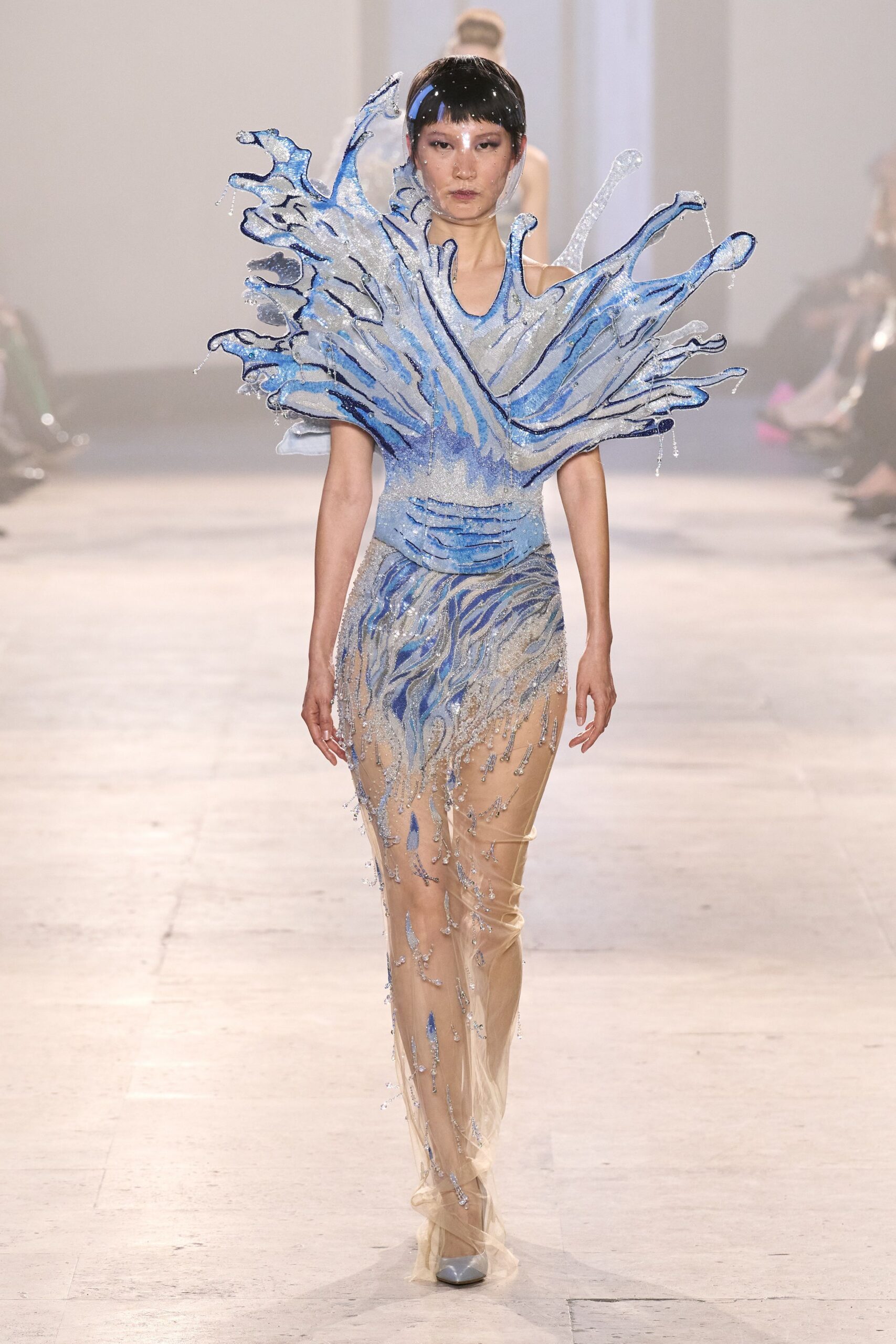 blue silk sleeveless high-neck fitted embellished layered gown