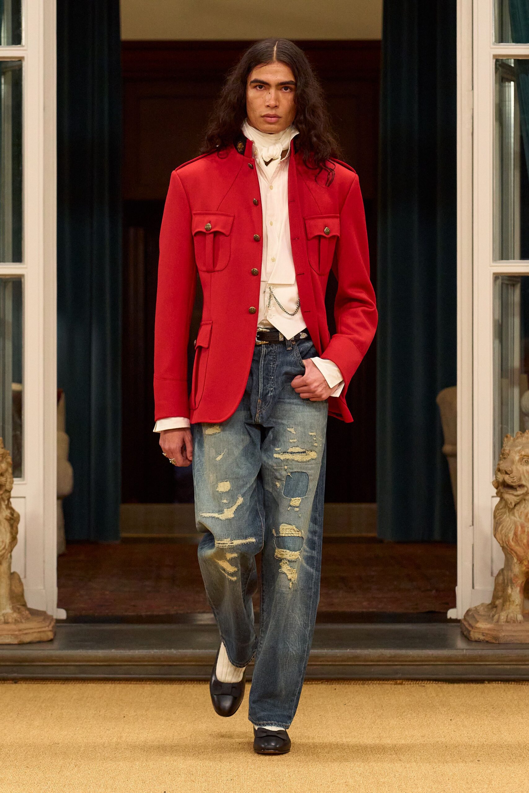 red cotton long-sleeve collared tailored buttoned jacket
