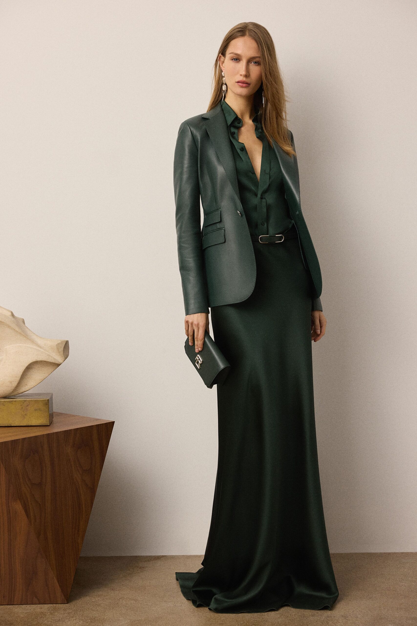 green silk fitted gown with blazer