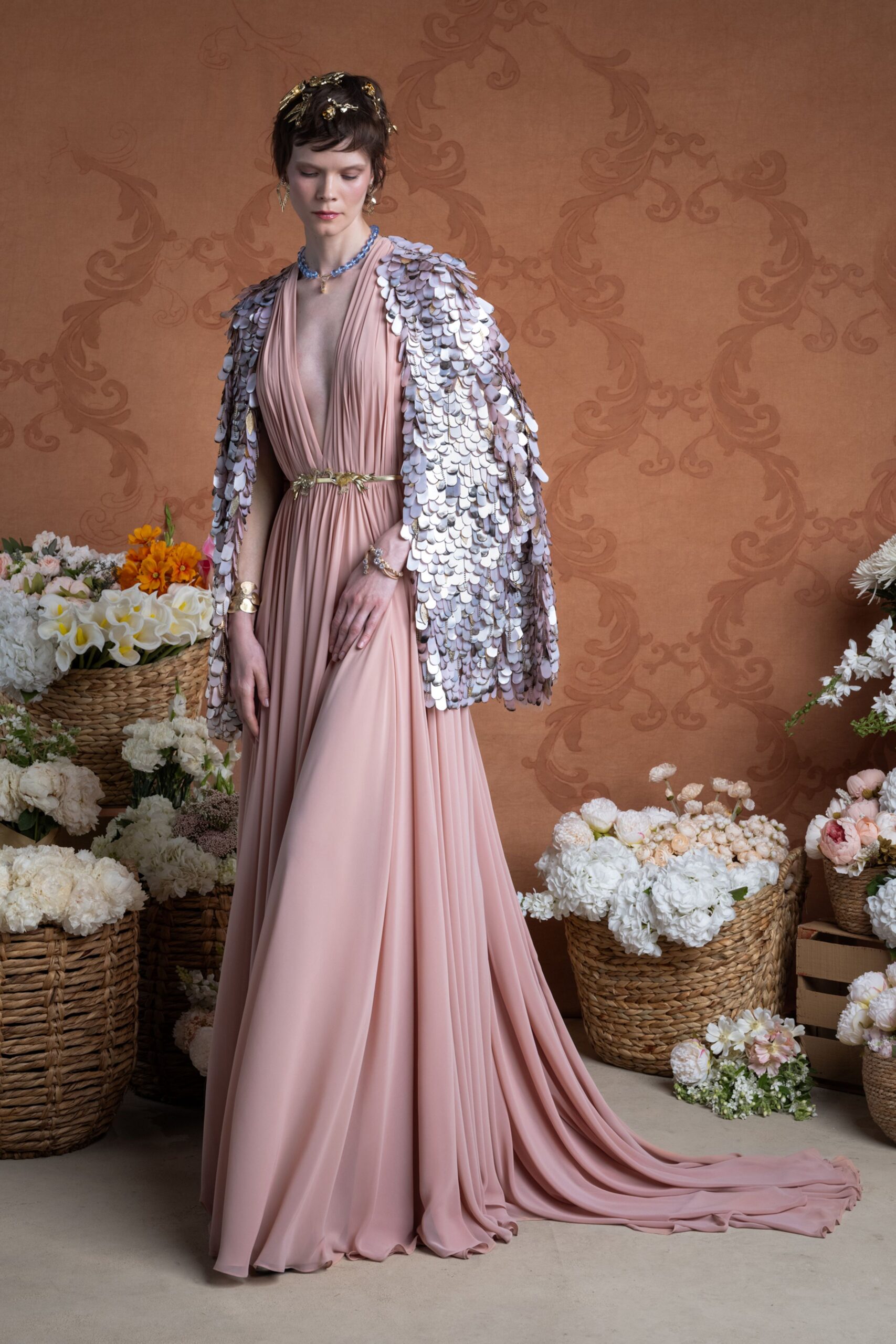 pink silk gown with sequined cape