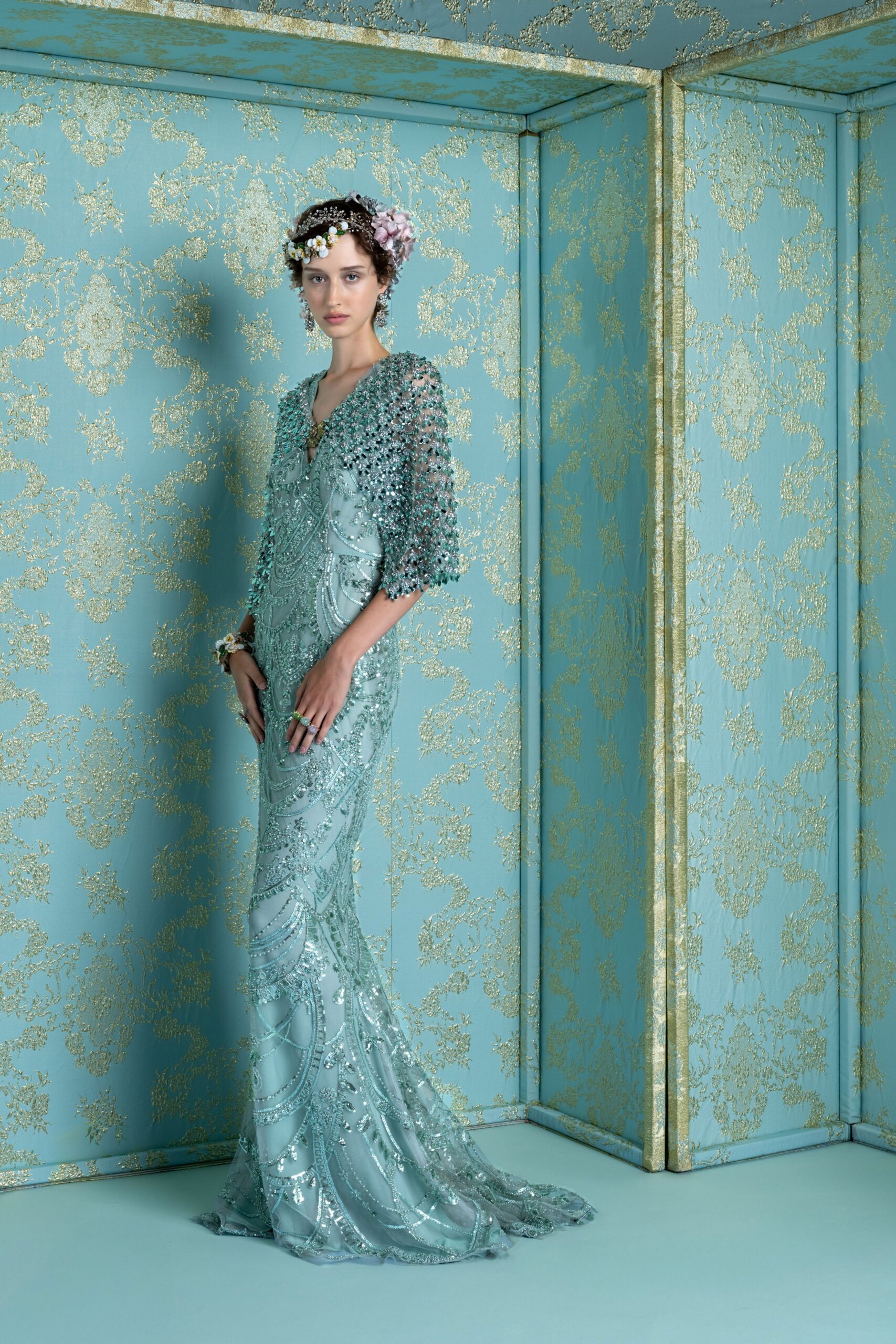 blue silk embroidered gown