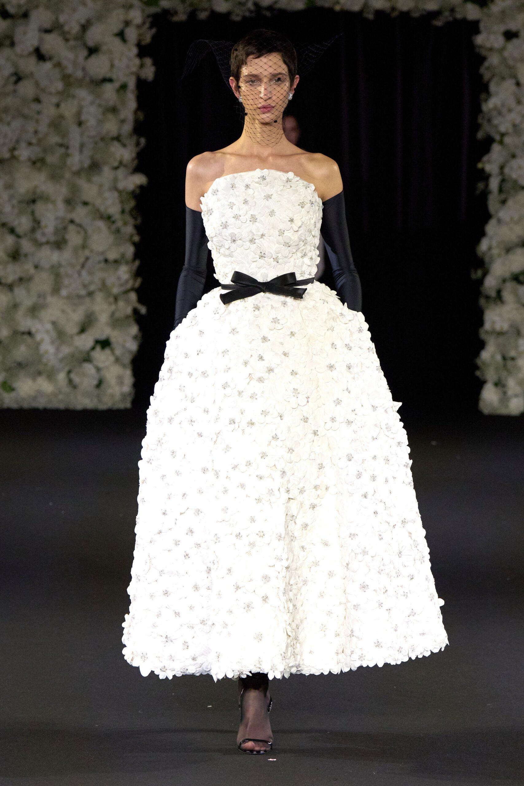 white silk strapless fitted embroidered tiered maxi gown