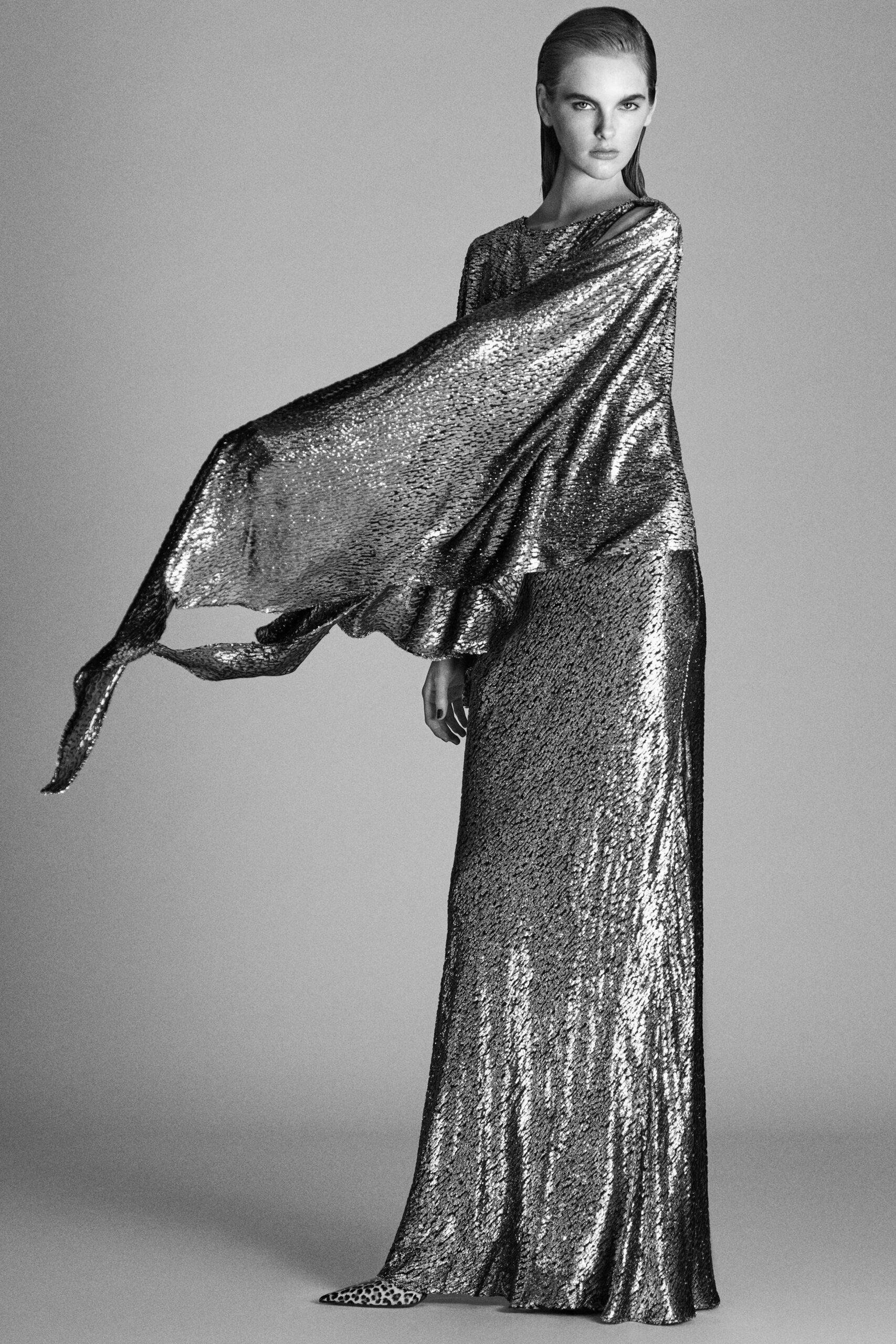 shiny silver draped gown