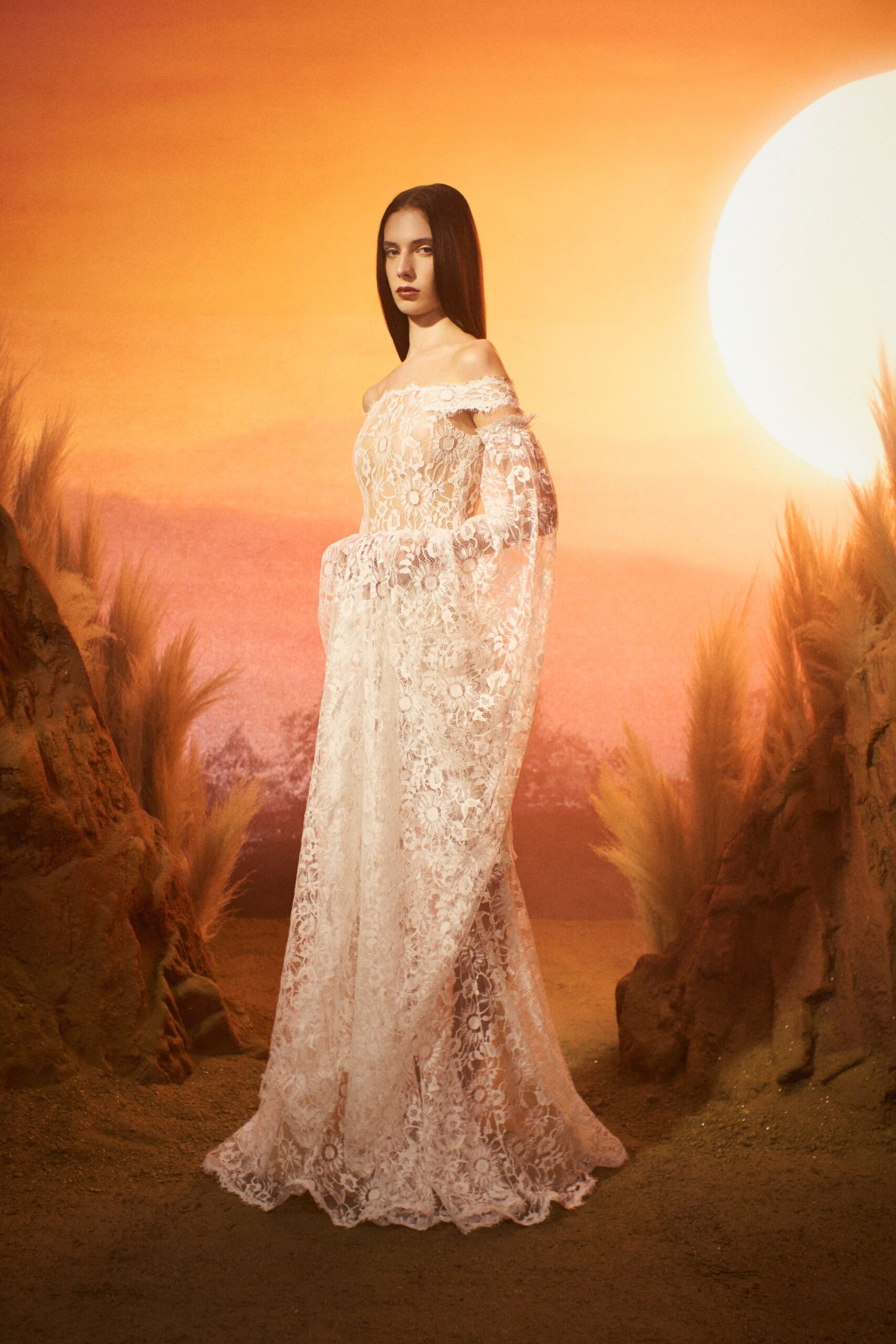 white lace off-shoulder gown