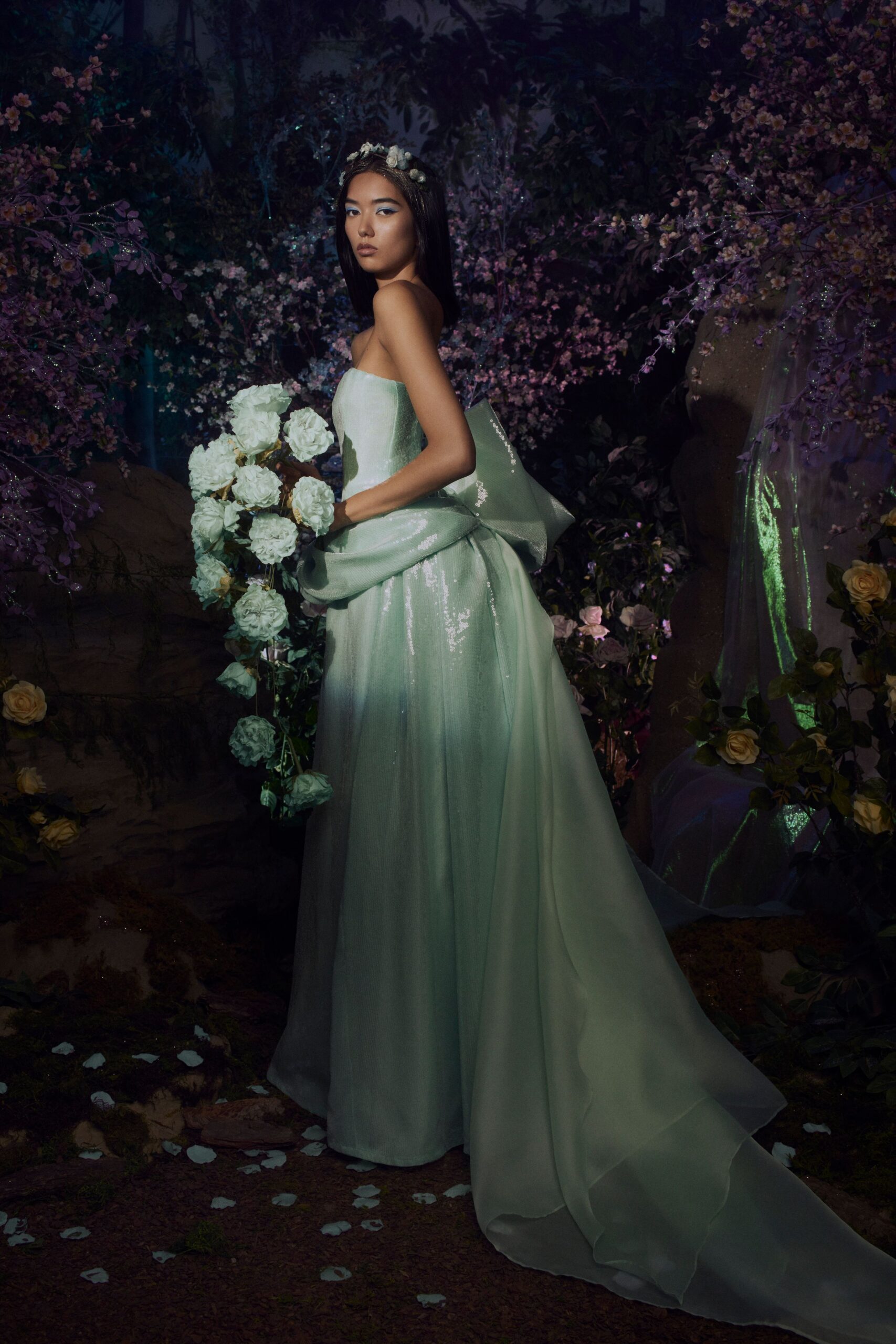 green silk strapless gown