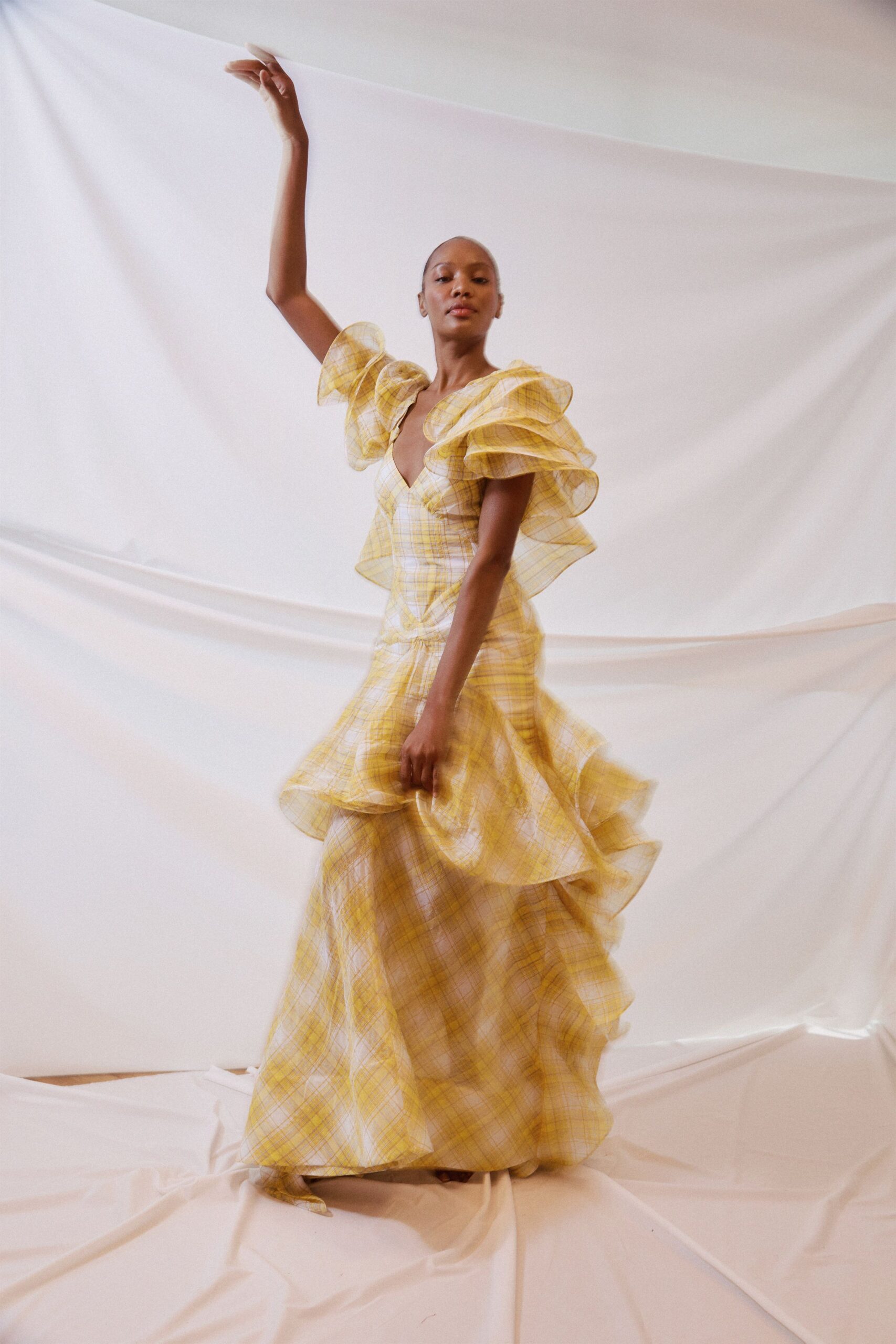 yellow ruffled maxi gown