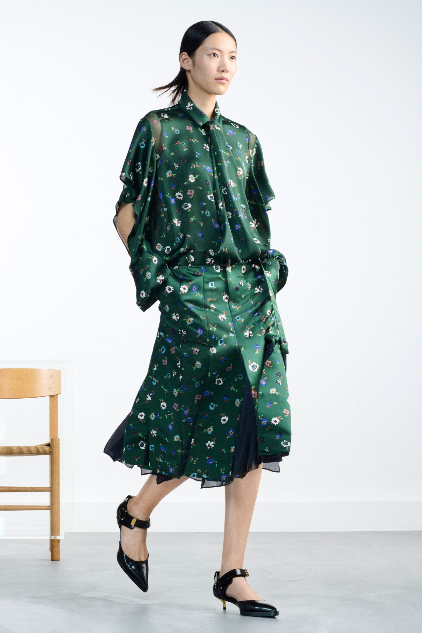 green silk long-sleeve collared relaxed floral sheer shirt