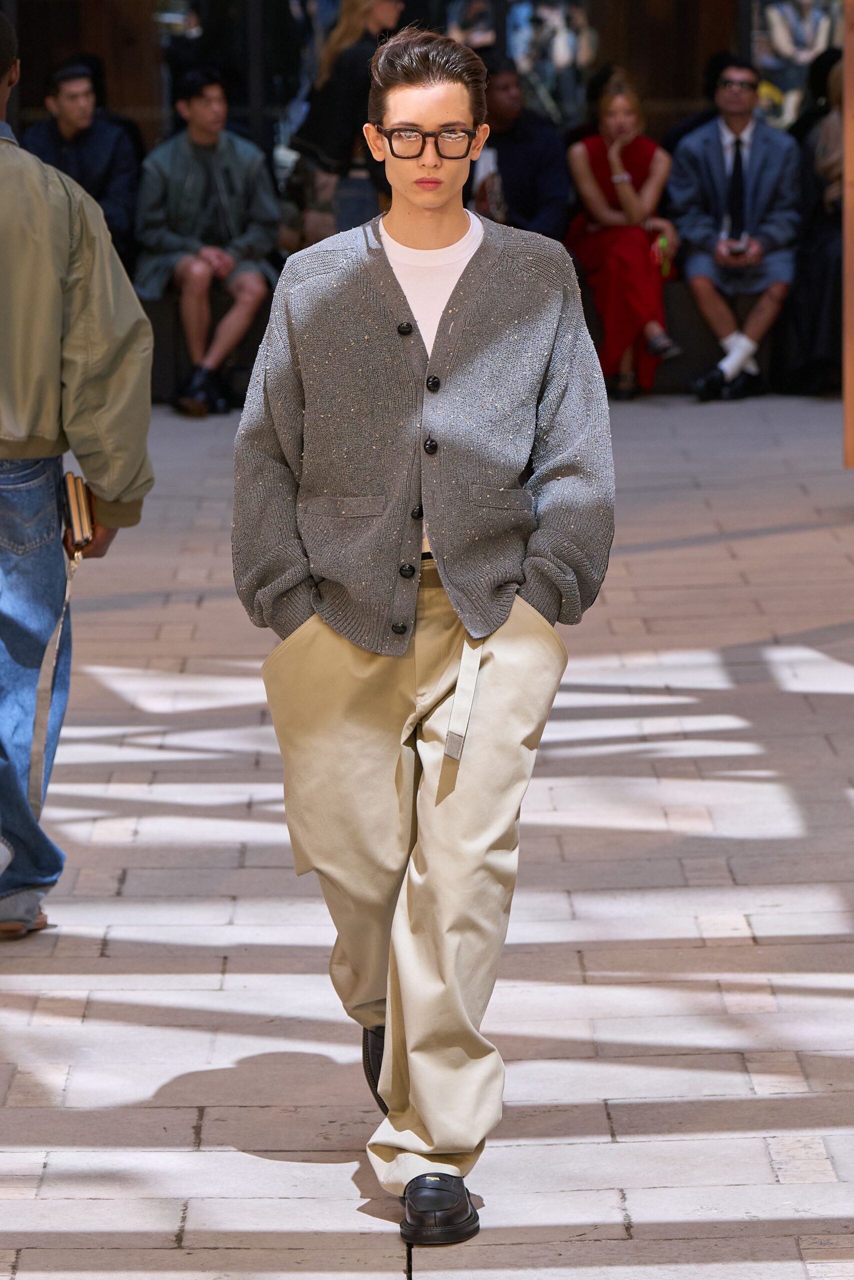 gray cardigan beige pants black shoes
