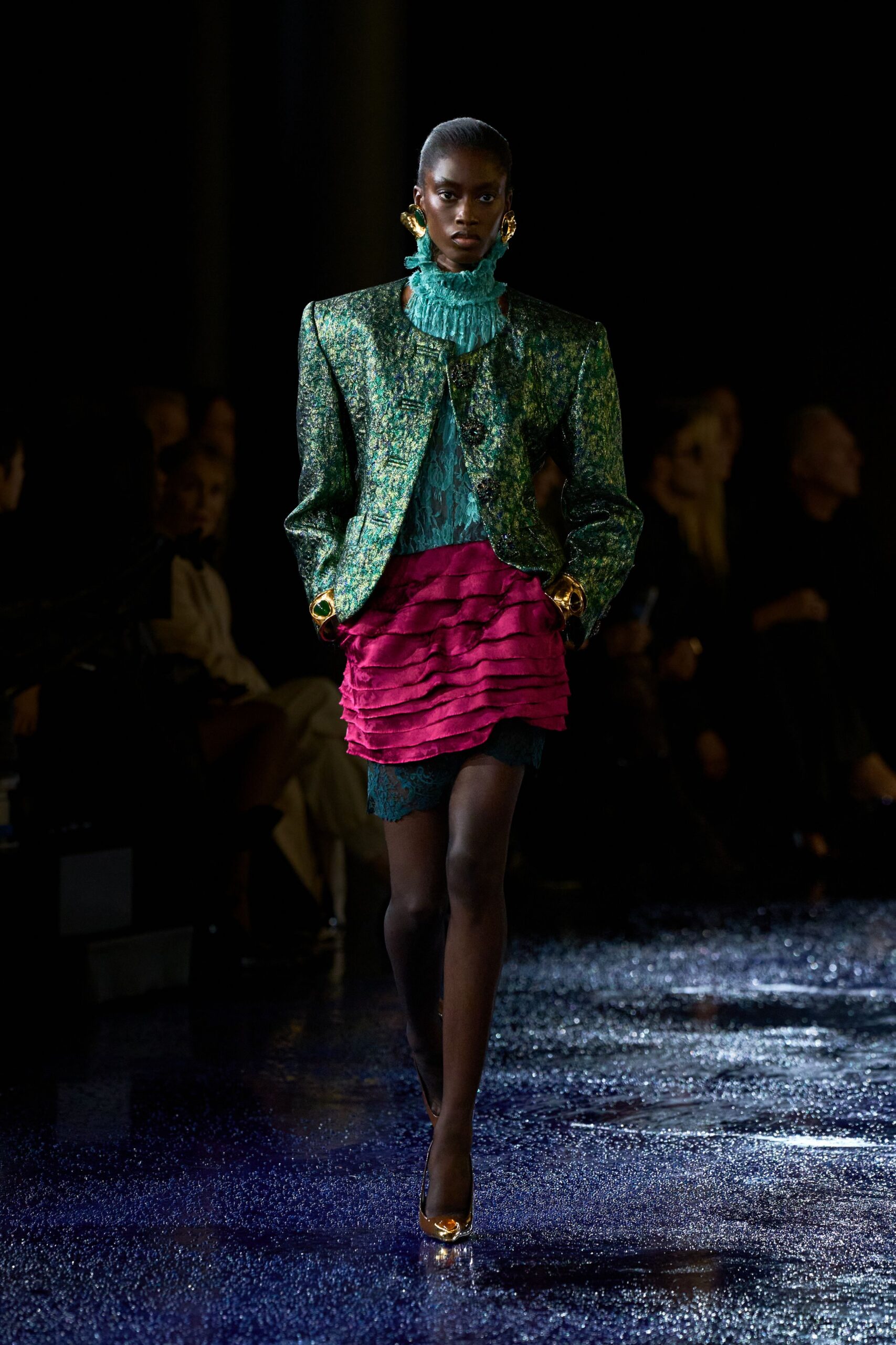 green silk long-sleeve collared structured embroidered blazer