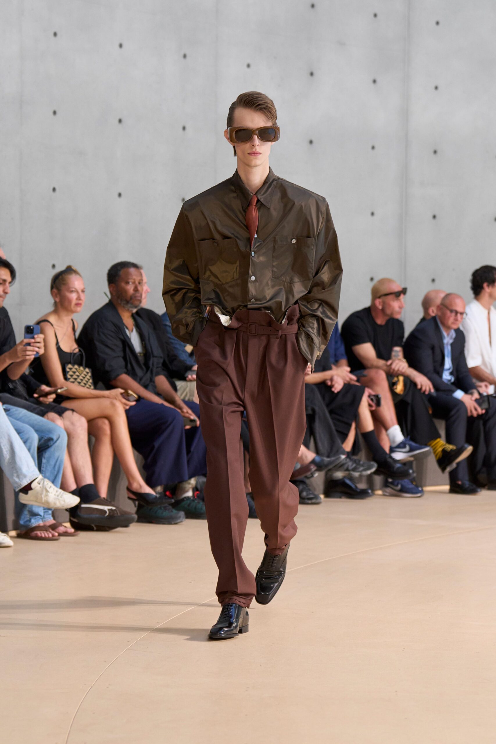 brown vinyl long-sleeve collared relaxed shiny shirt