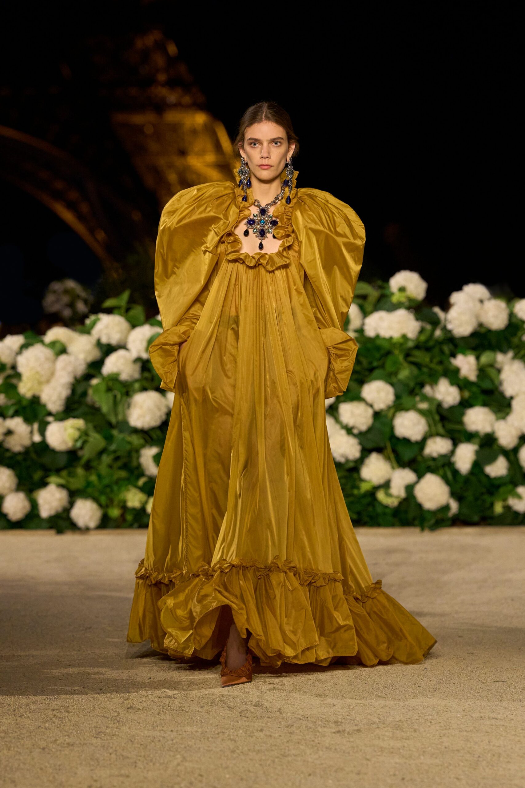 gold silk long-sleeve v-neck relaxed ruffled tiered gown