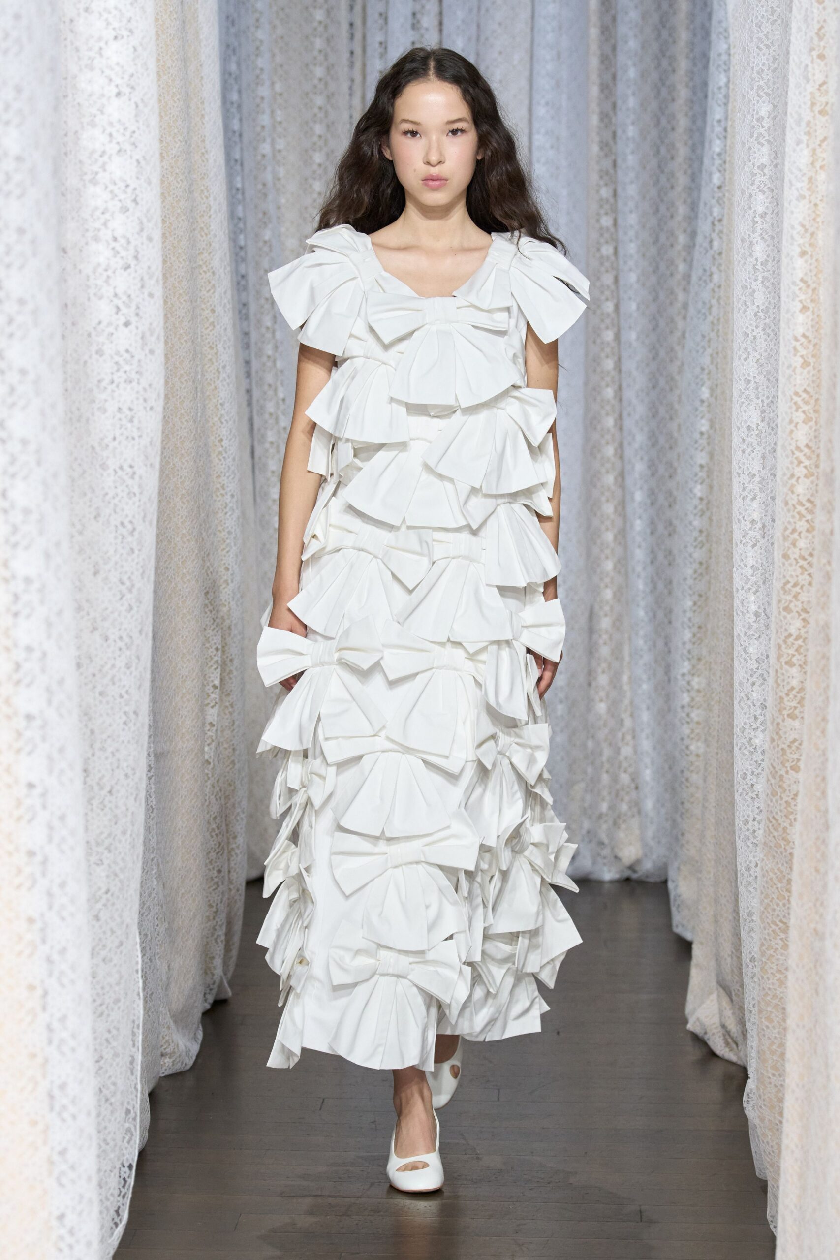 white ruffled midi dress with shoes