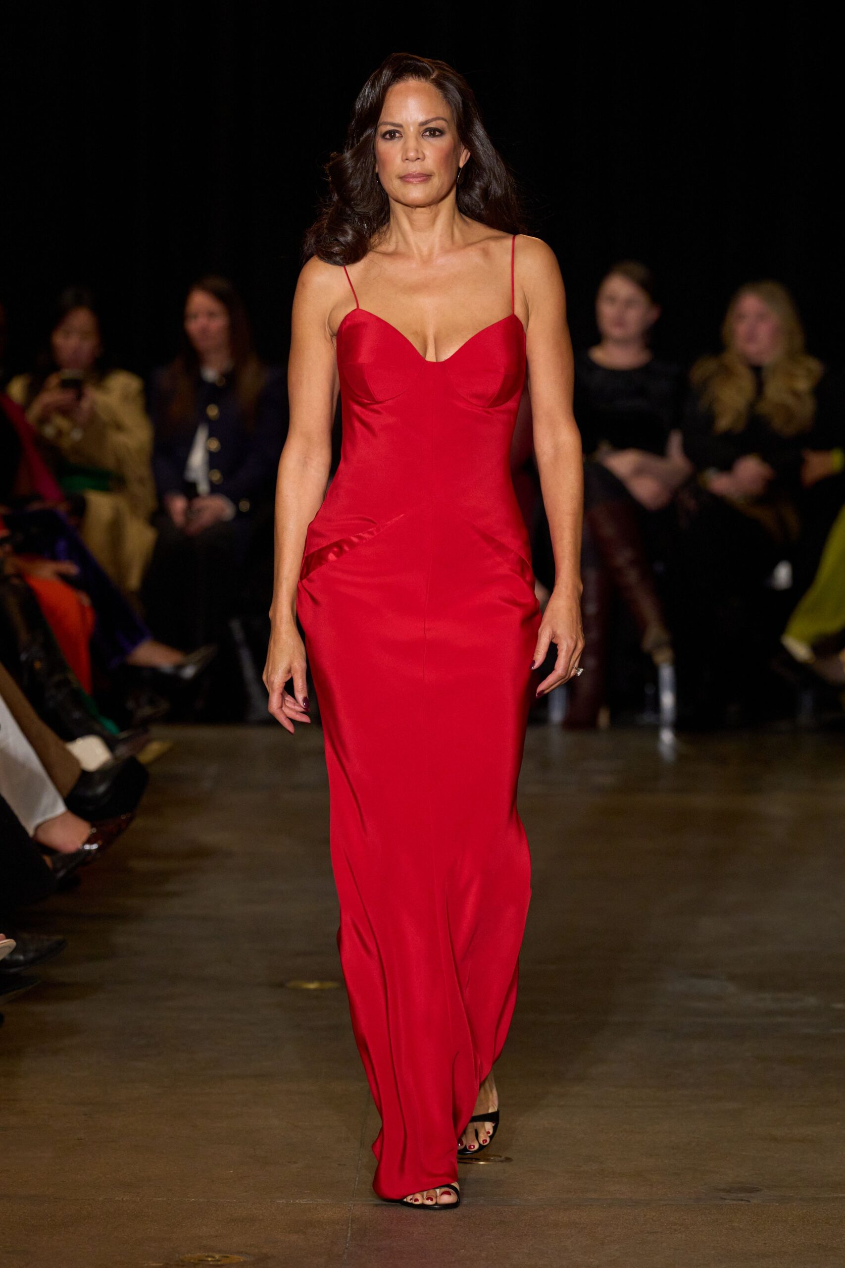 red silk sleeveless v-neck fitted draped maxi gown