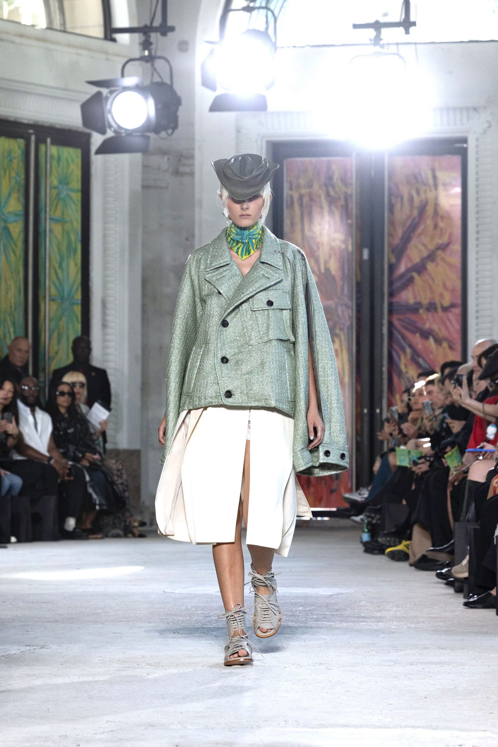 green cotton long-sleeve collared relaxed buttoned pleated cape