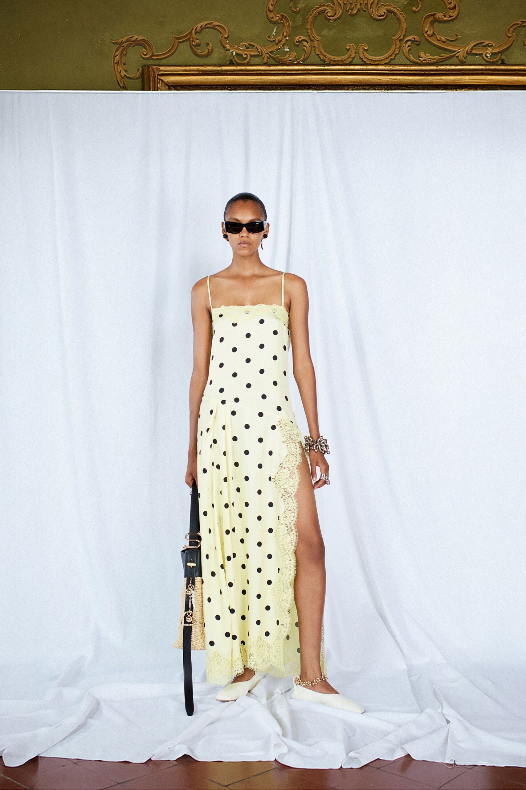 yellow silk sleeveless v-neck fitted polka-dot tiered dress