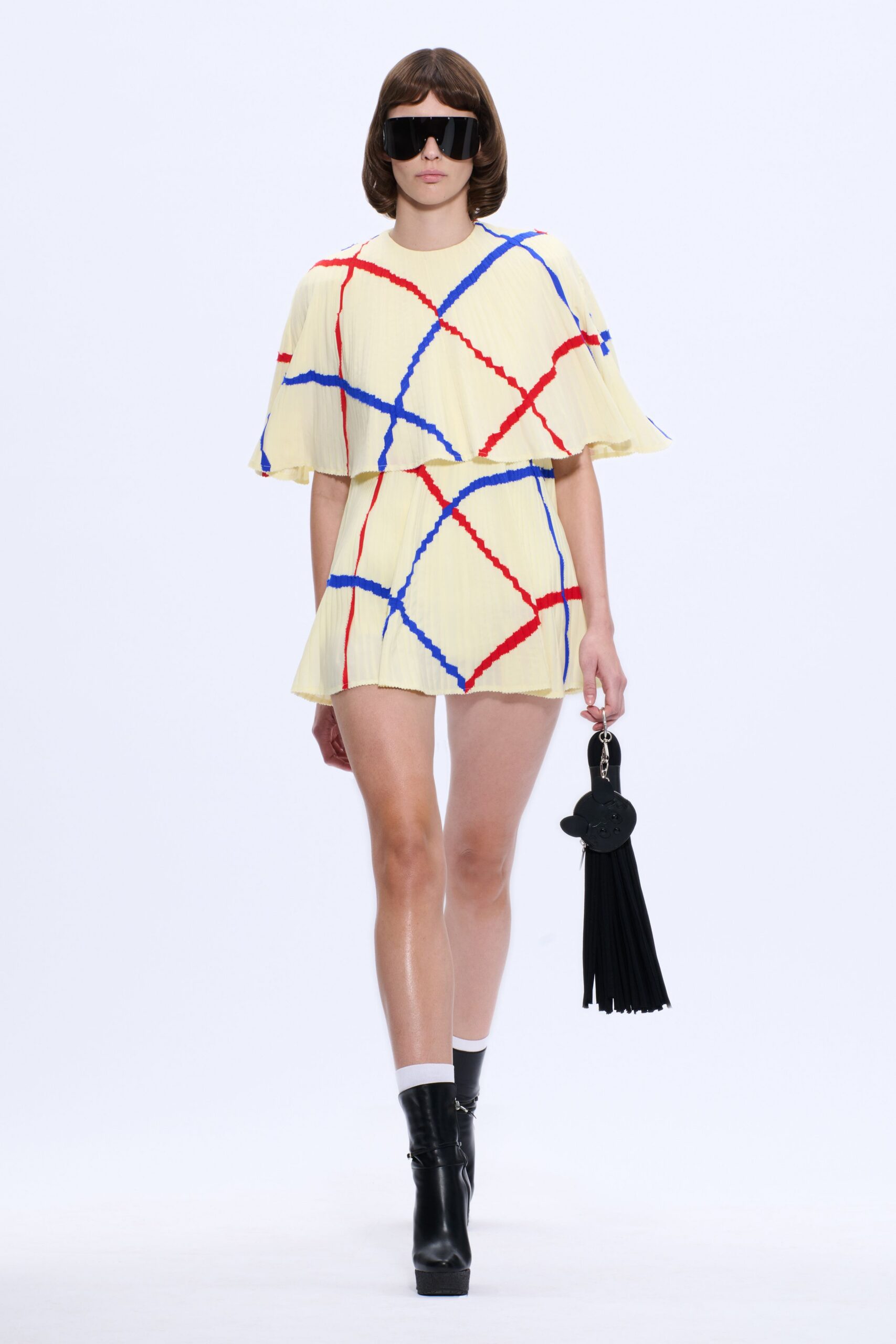yellow cotton short-sleeve fitted pleated color-blocked mini dress
