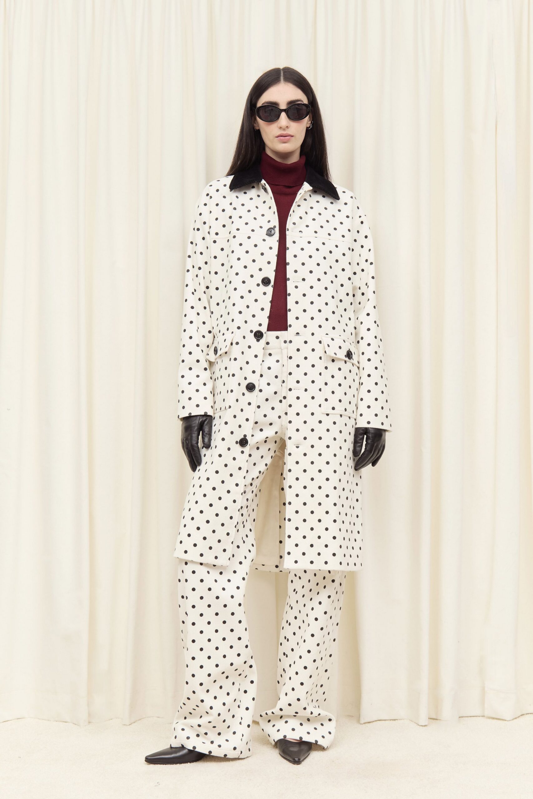polka-dot coat and pants outfit