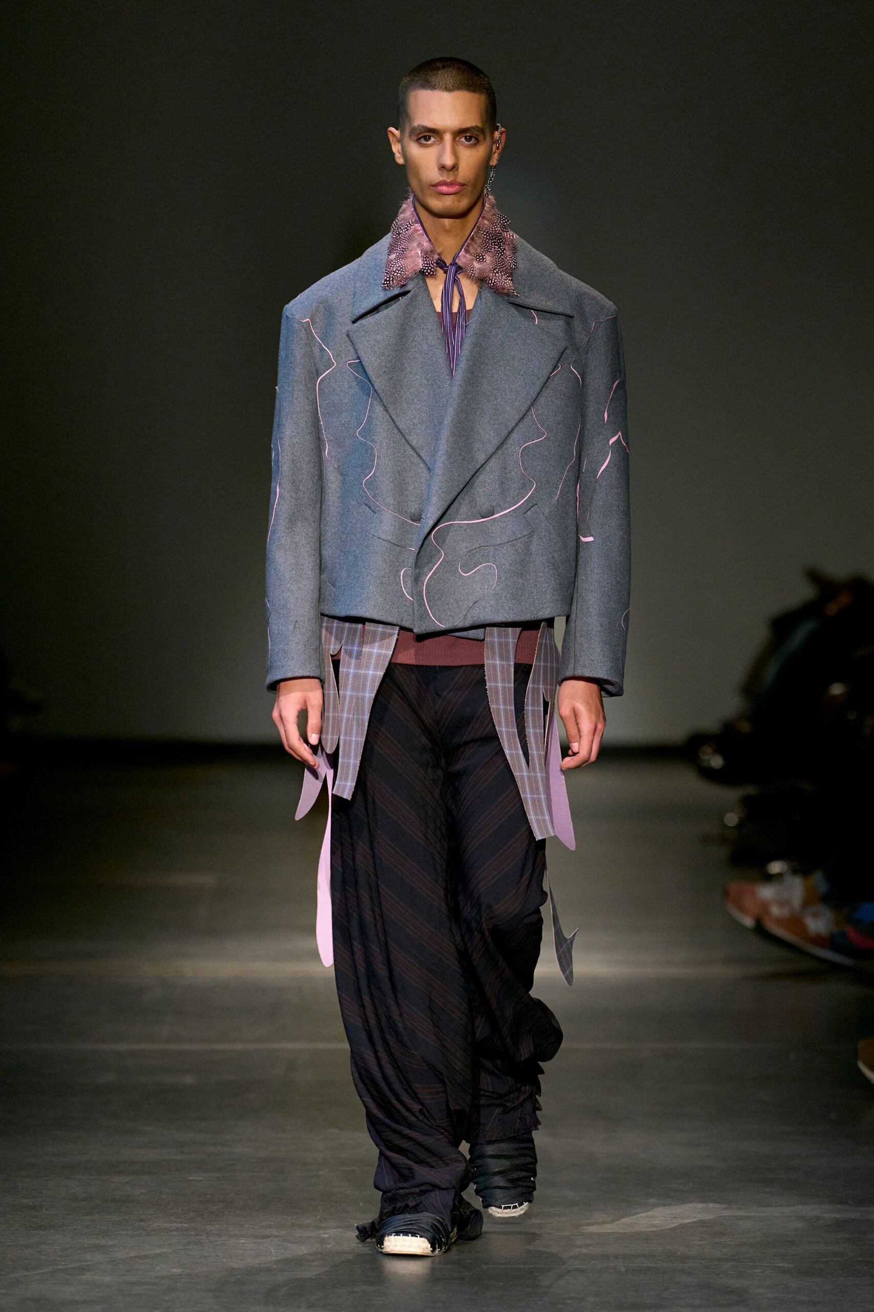 gray cotton long-sleeve collared structured embroidered jacket