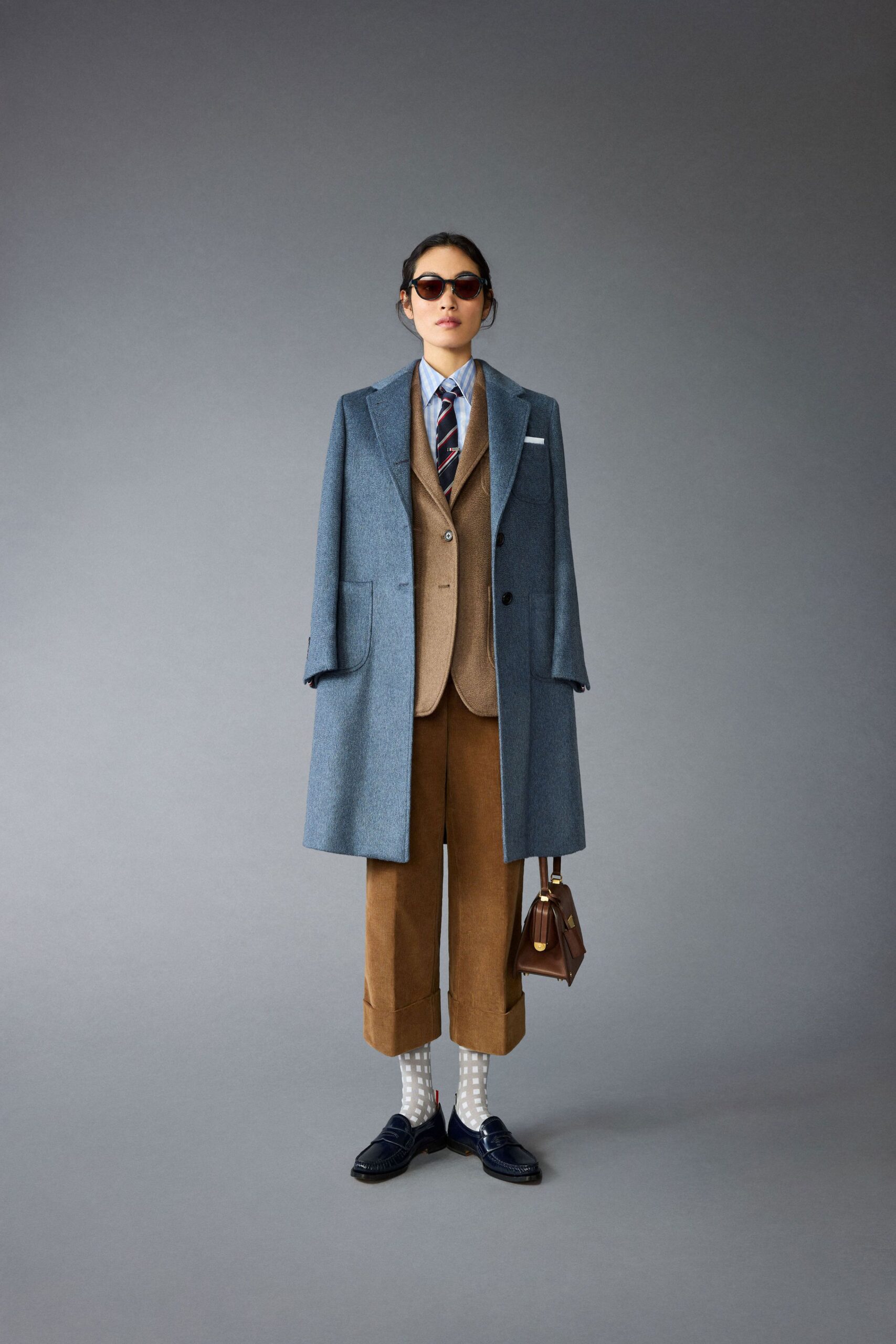 blue wool long-sleeve collared structured coat