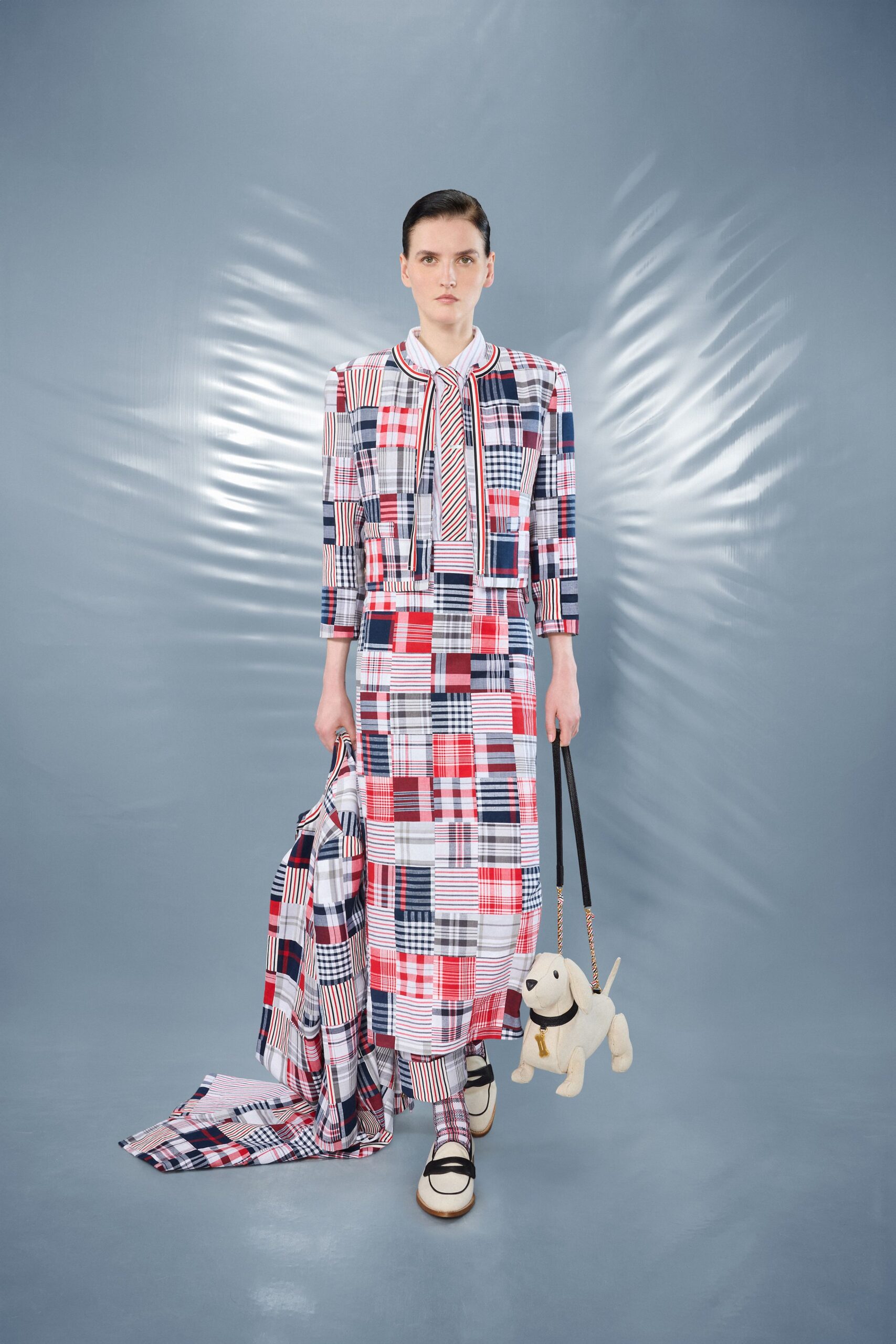 red cotton long-sleeve collared fitted checked maxi dress