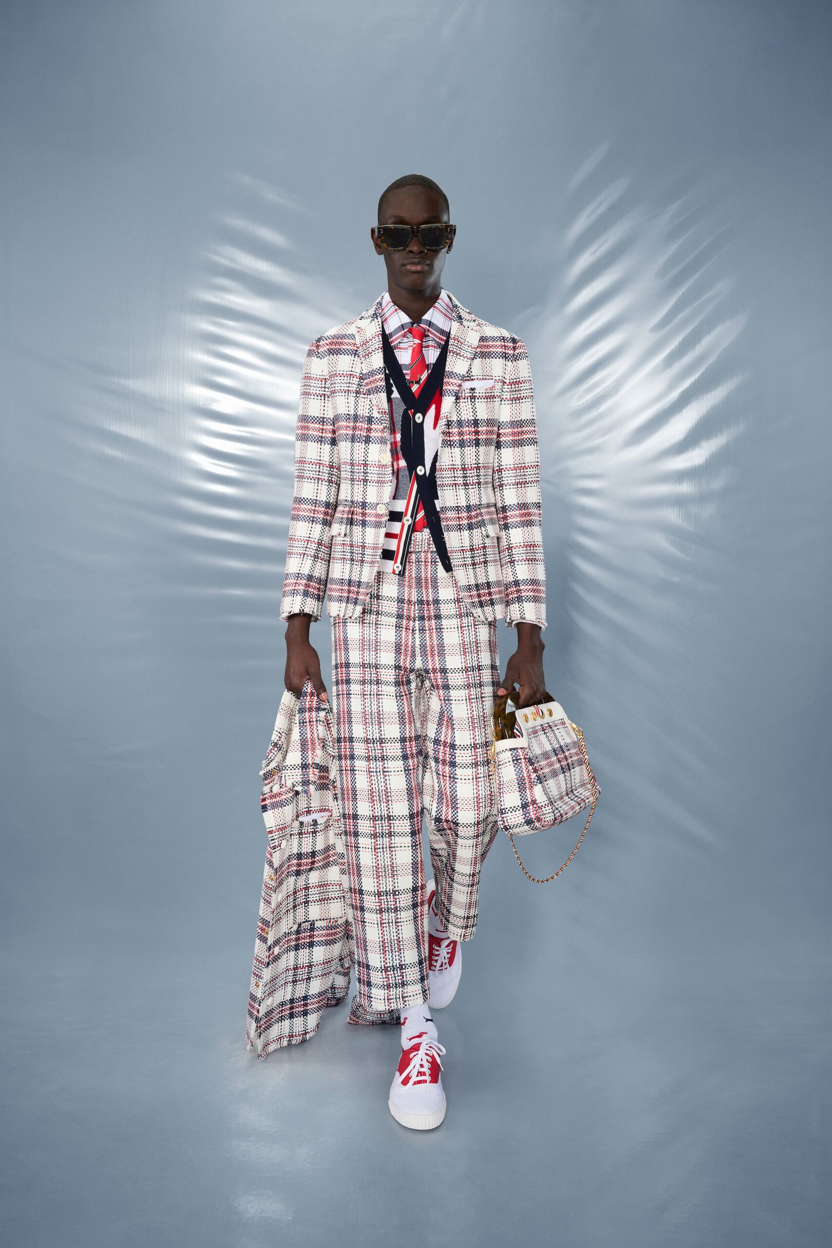 red cotton long-sleeve collared tailored checked suit