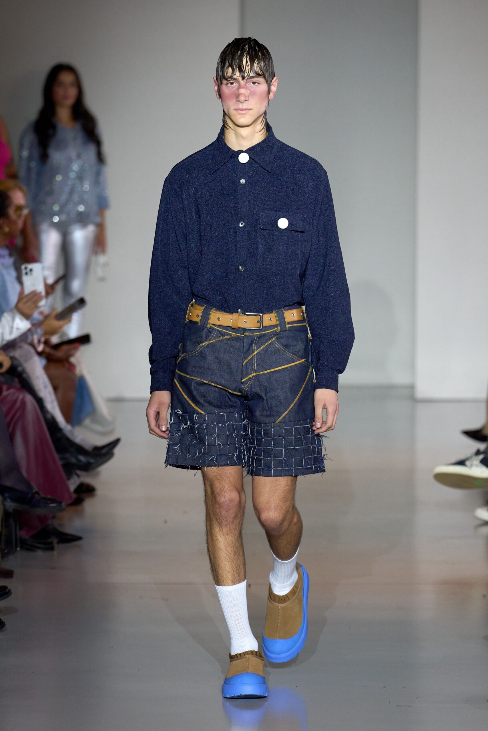 blue denim shirt and shorts