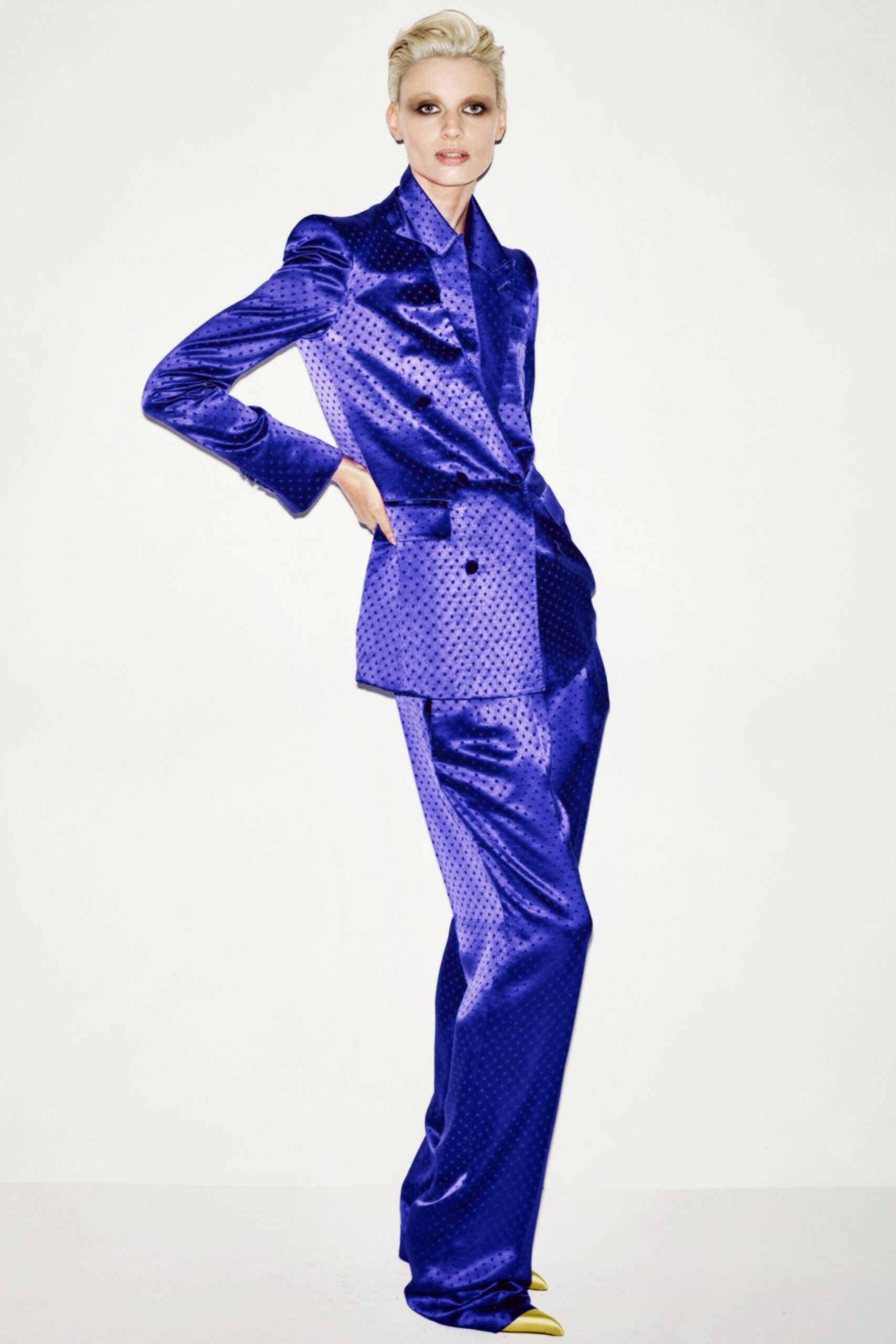 blue silk long-sleeve collared tailored buttoned polka-dot suit