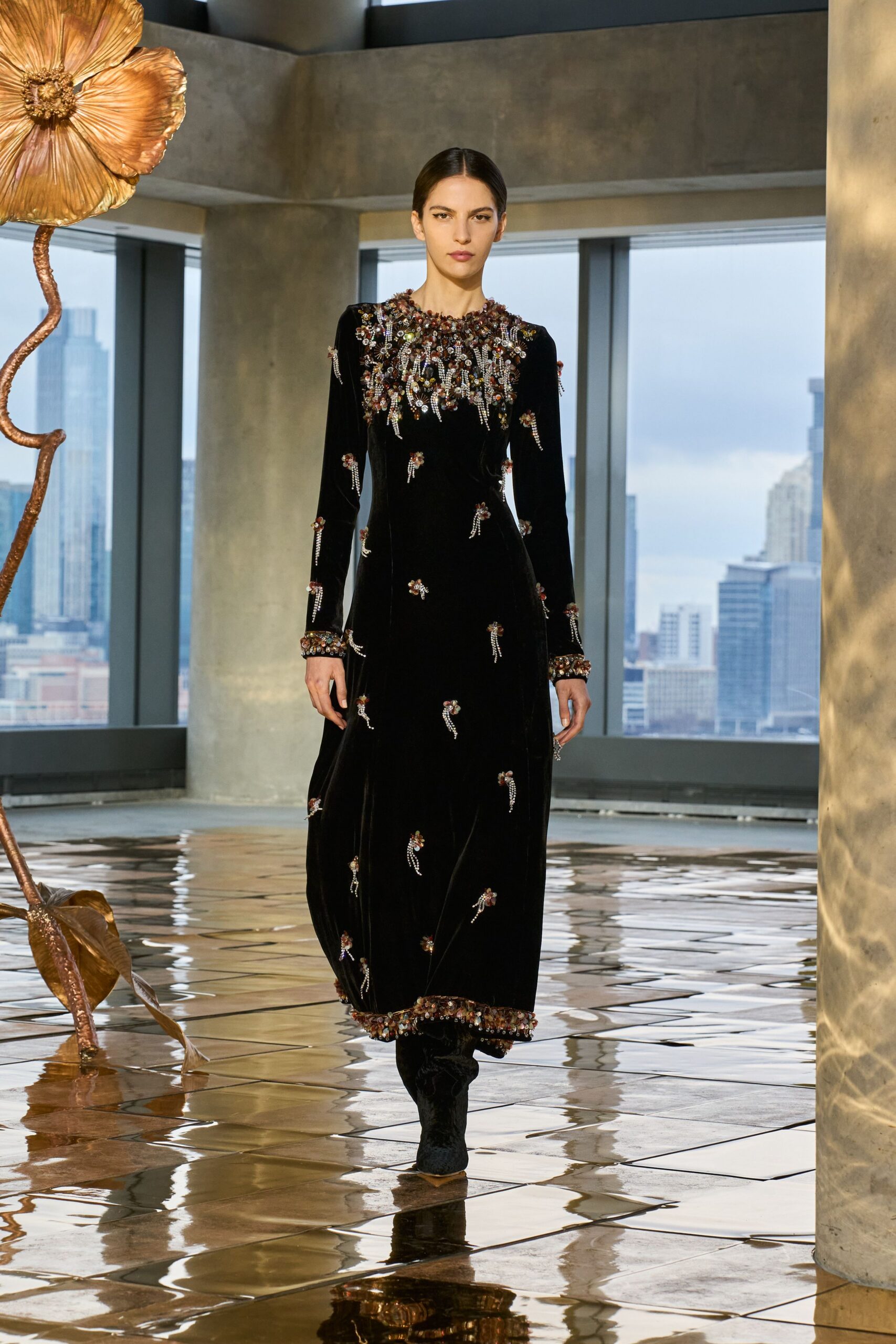 black velvet long-sleeve high-neck fitted embroidered tiered gown