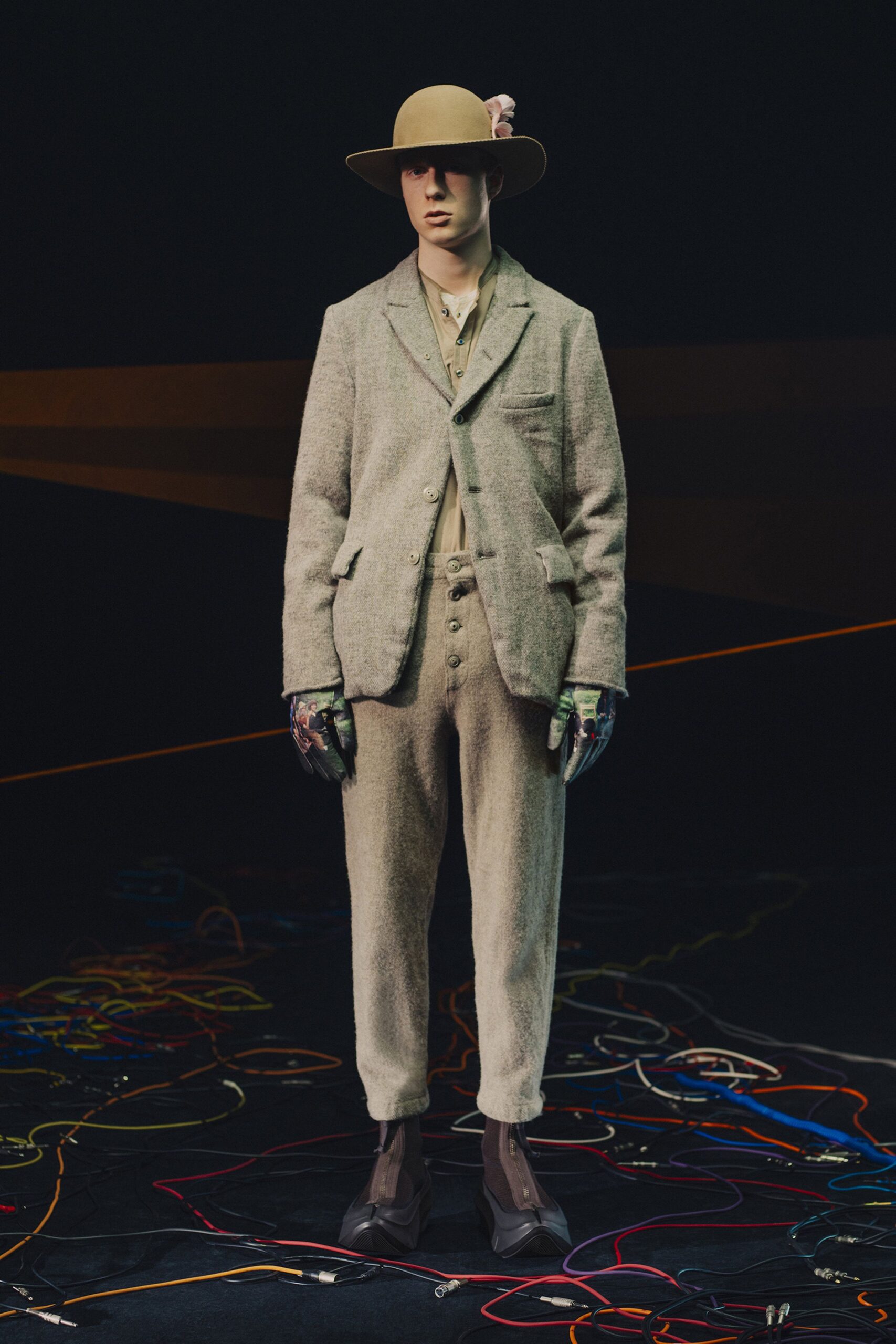 beige tailored suit with hat