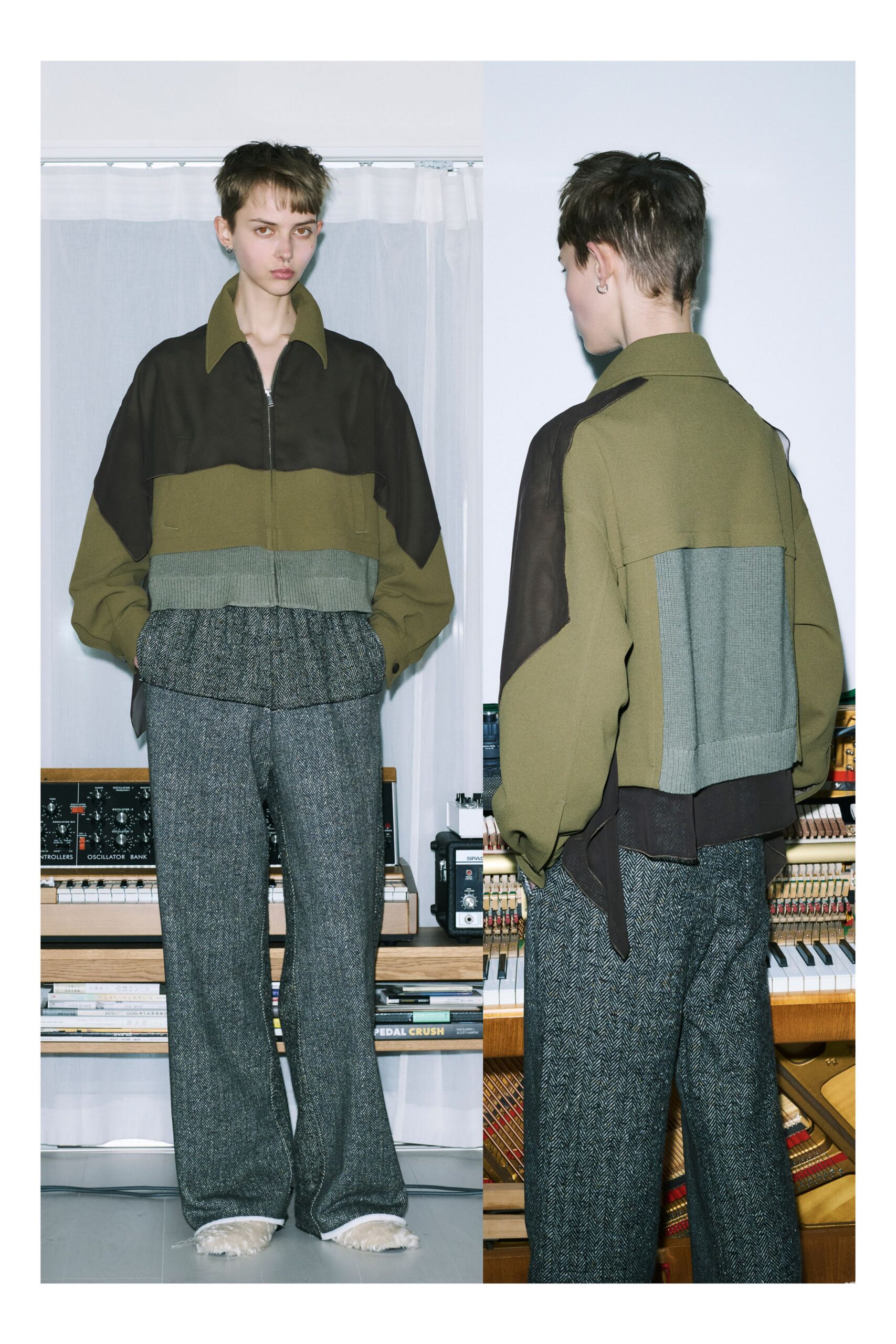 color-blocked relaxed jacket with wide-leg pants