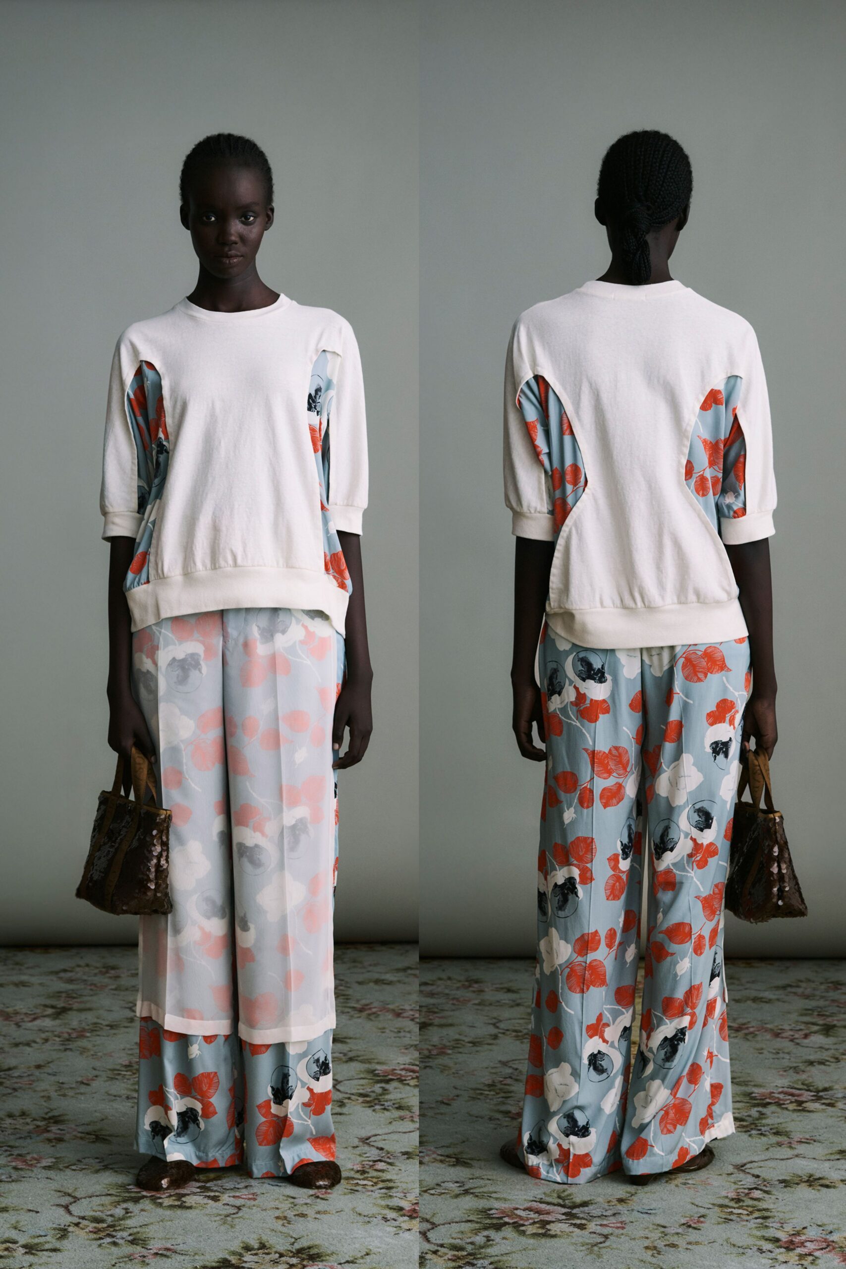 relaxed white printed top with flared pants