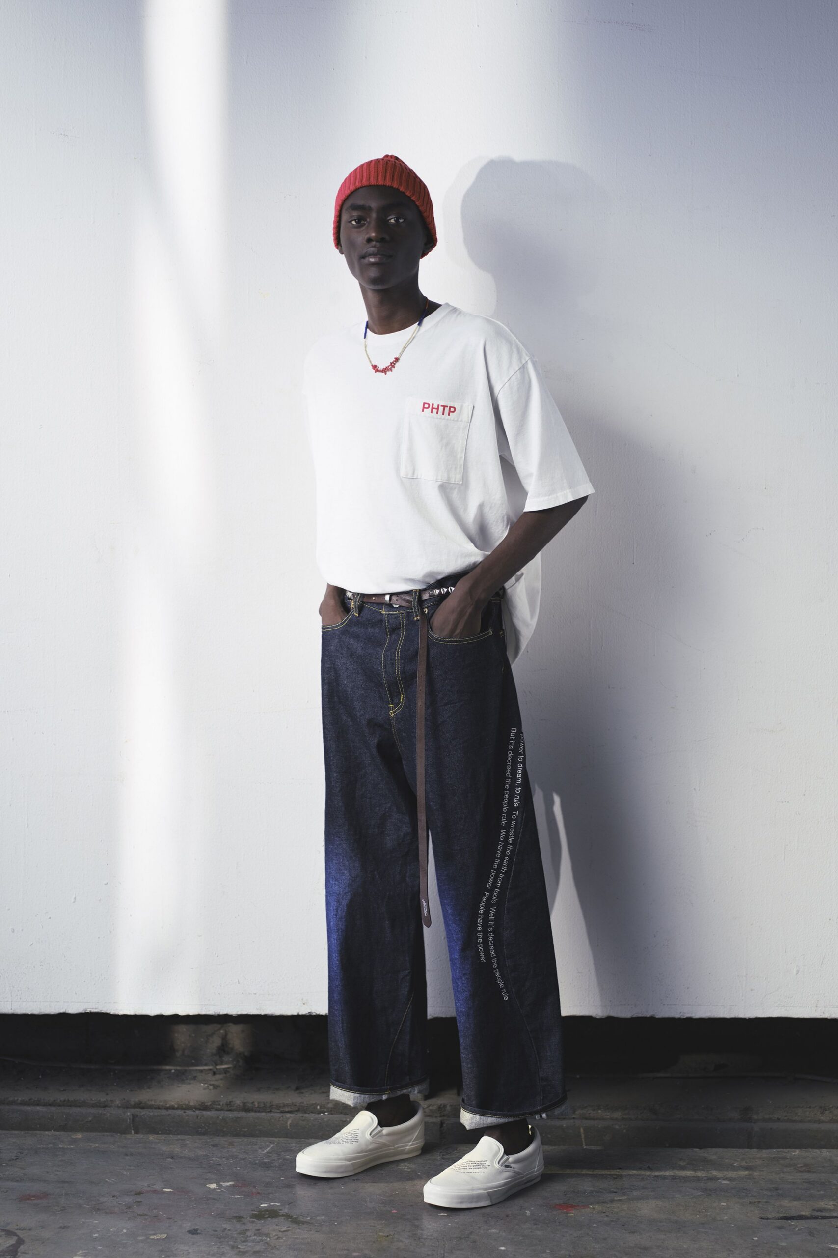 white t-shirt blue pants