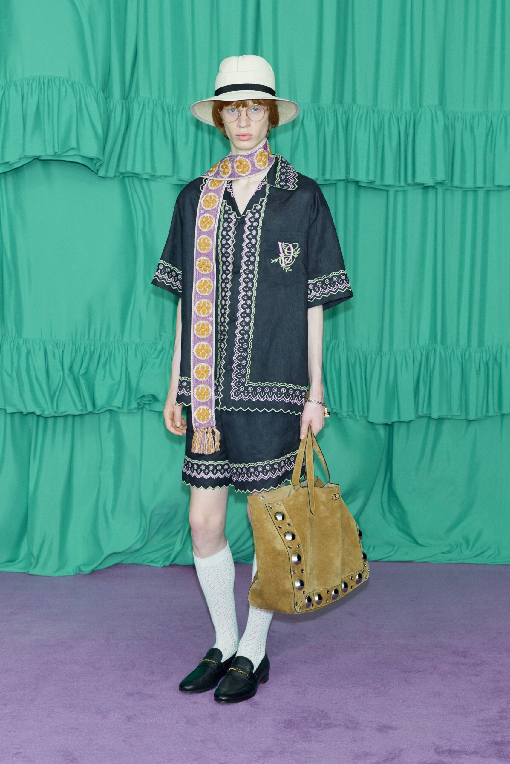 black cotton short-sleeve collared relaxed embroidered straight-leg dress