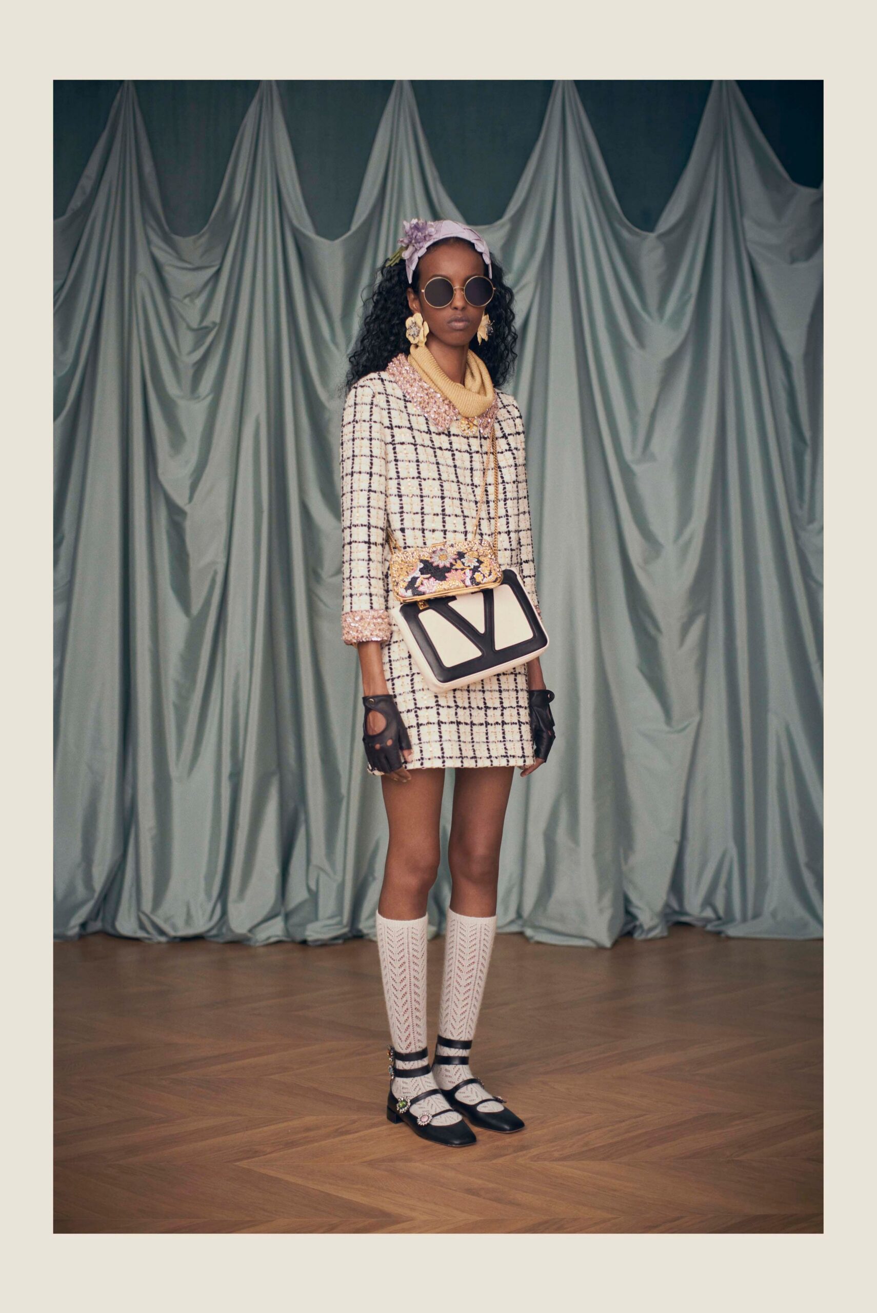 checked mini dress with accessories