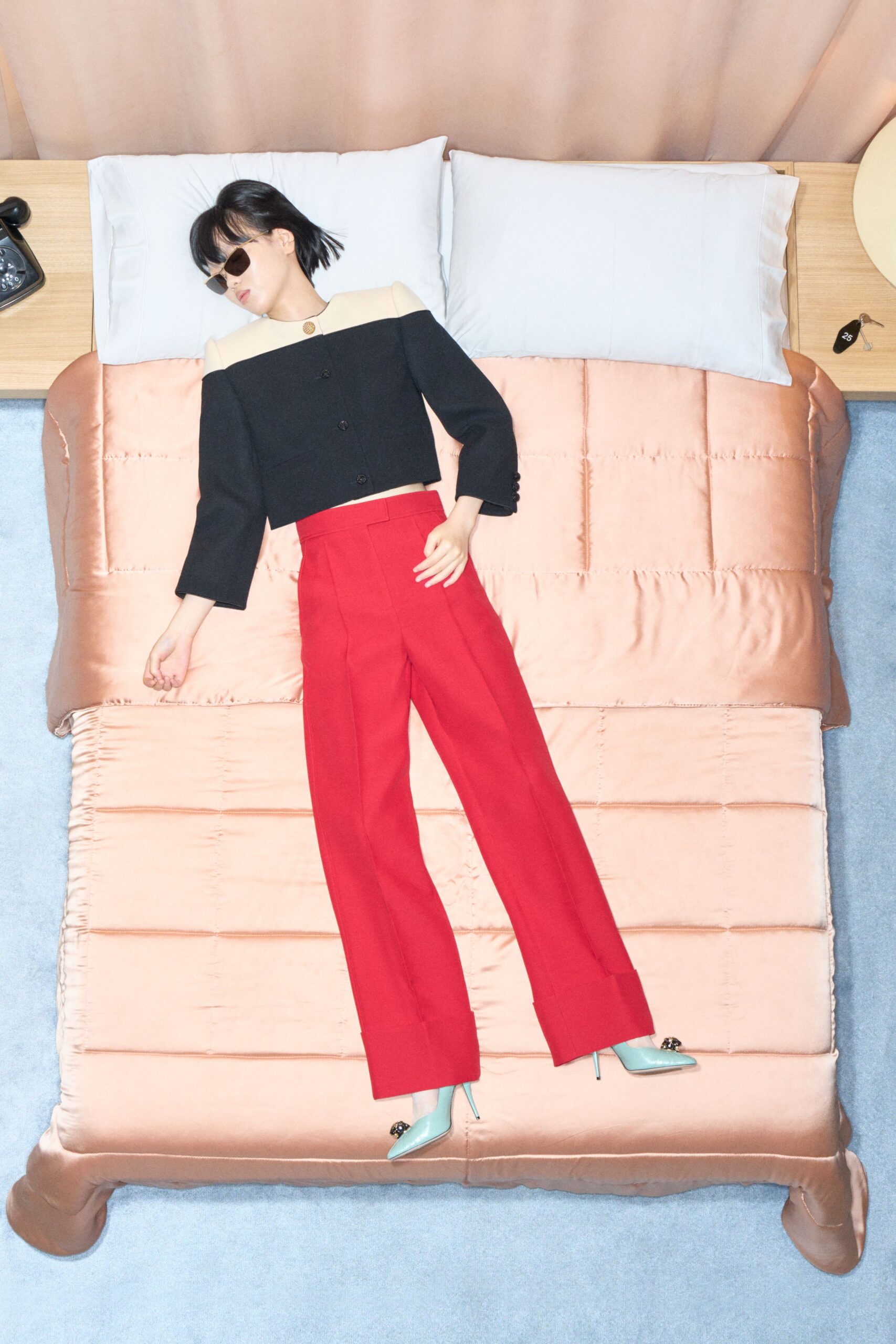 black beige color-blocked jacket with red pants