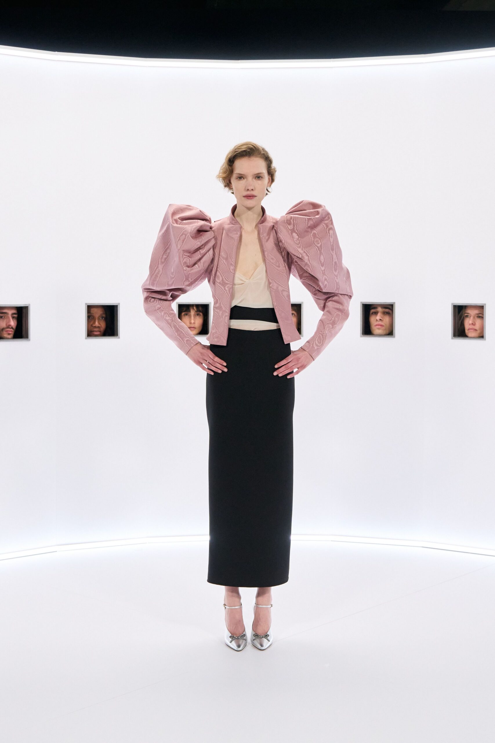 pink silk long-sleeve collared fitted padded embroidered jacket