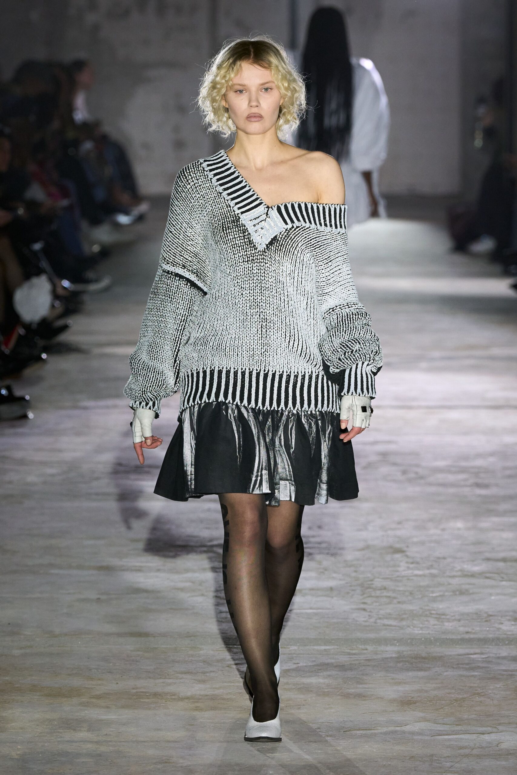 black cotton long-sleeve off-shoulder oversized striped draped sweater